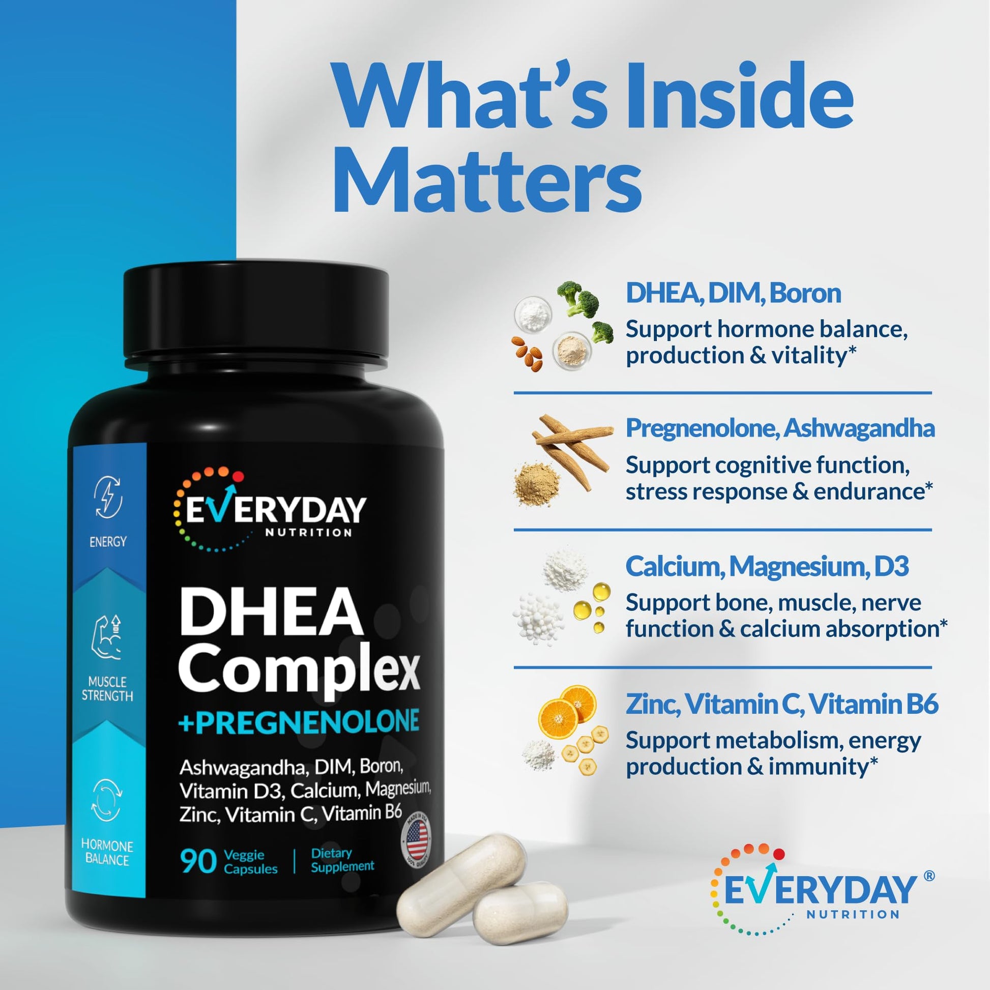 DHEA Micronized 200mg Complex with Pregnenolone 100mg Supplement for Men & Women with Ashwagandha, DIM, Magnesium, Boron, Calcium , Zinc, Vitamin D3, C and B6 Hormone Support - Made in USA 90 Capsules EVERYDAY NUTRITION uk supplements