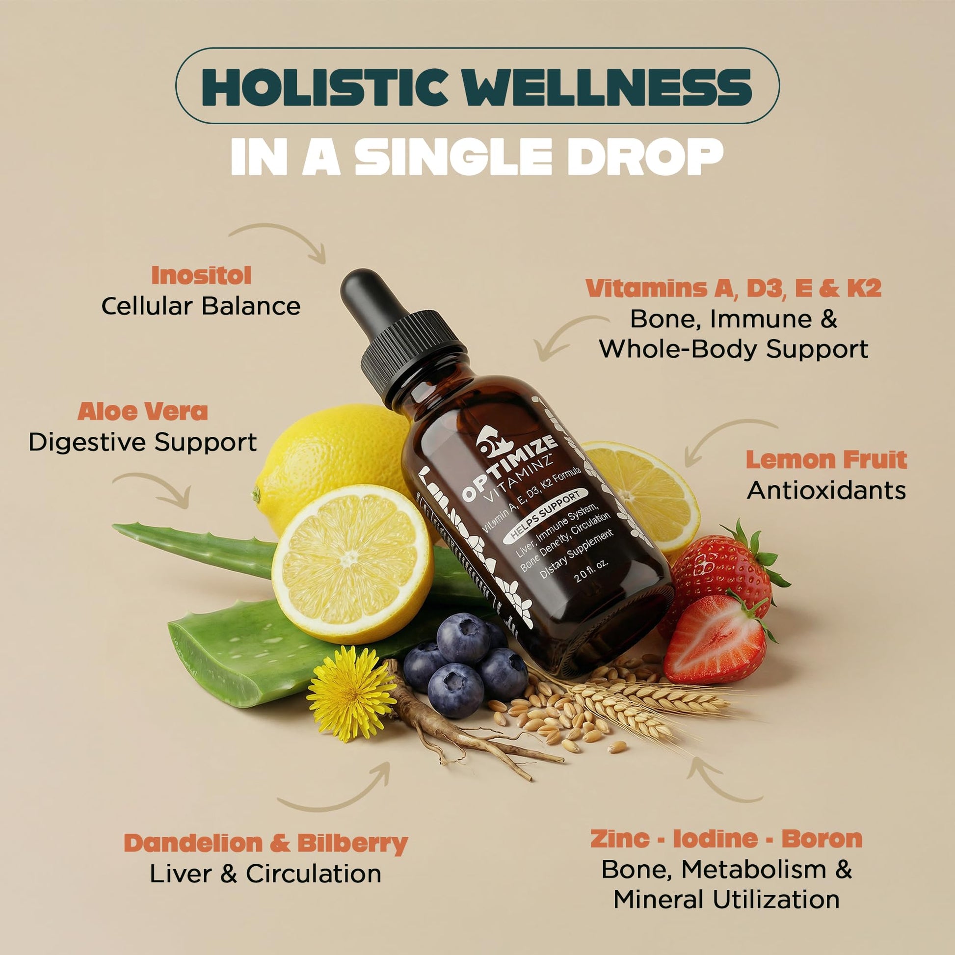 Optimize Vitaminz Liquid Vitamin D3 K2 Drops with Dandelion Root & Bilberry | Immune, Liver & Bone Support, MK-7 Formula, Fast Absorption Liquid Multivitamin, 30 Day Supply, 2 Fl Oz Optimize Minerals uk supplements