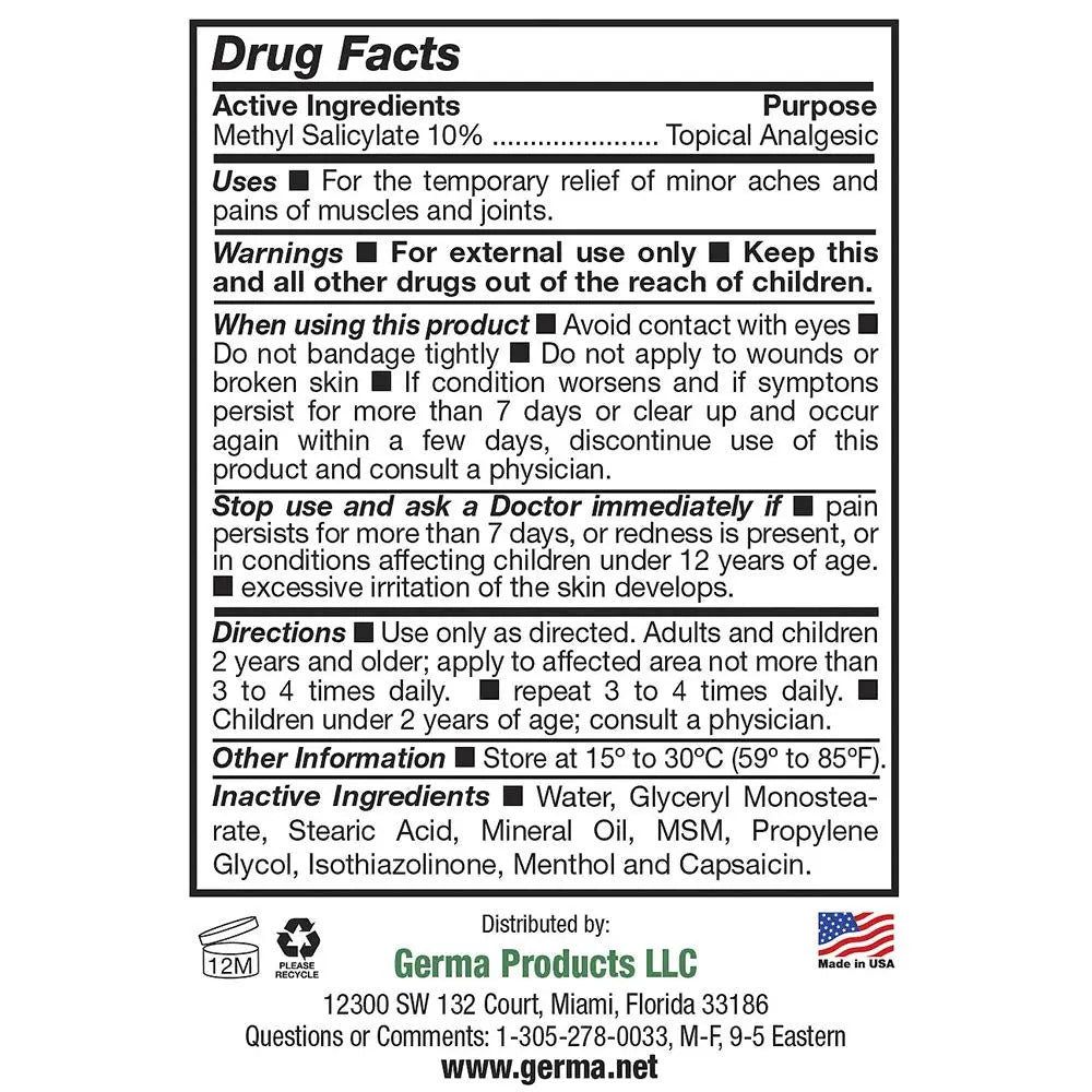 Germa Liniment Udder Plus. Natural Topical Analgesic Ointment. Relief for Pain and Aches in Joints and Back. With Chile Extract. 6 oz Germa uk supplements