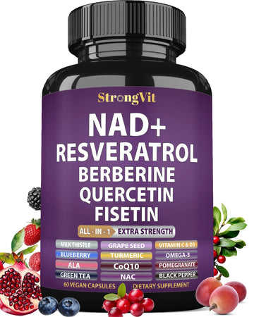 NAD Resveratrol Supplement with Berberine, Quercetin, CoQ10. Anti-Aging Formula for Women & Men. Liposomal NAD Plus, NAD+ Booster, Pure Organic Vitamin, USA StrongVit uk supplements