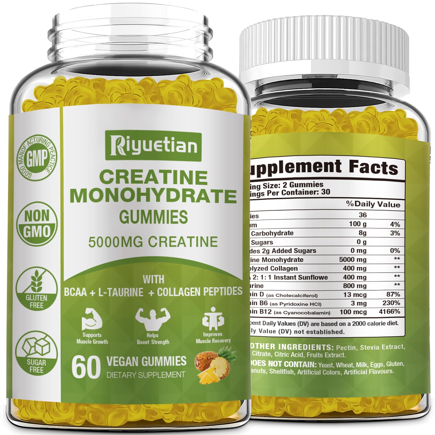 Riyuetian Creatine Monohydrate Gummies, Creatine for Men & Women, Chewable Creatine for Enhancing Focus and Endurance, 5g Creatine per Serving, Sugar-Free, 60 Count Riyuetian uk supplements