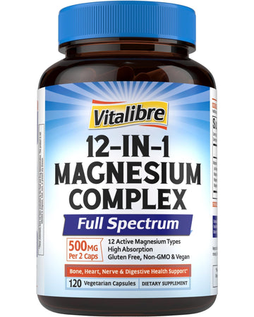 Vitalibre 12 in 1 Magnesium Complex Supplement 500mg | Max Absorption Chelated Magnesium Glycinate Citrate Malate & More for Bone, Nerve & Digestive Support | Non-GMO Vegan Capsules (120 Count) Vitalibre uk supplements