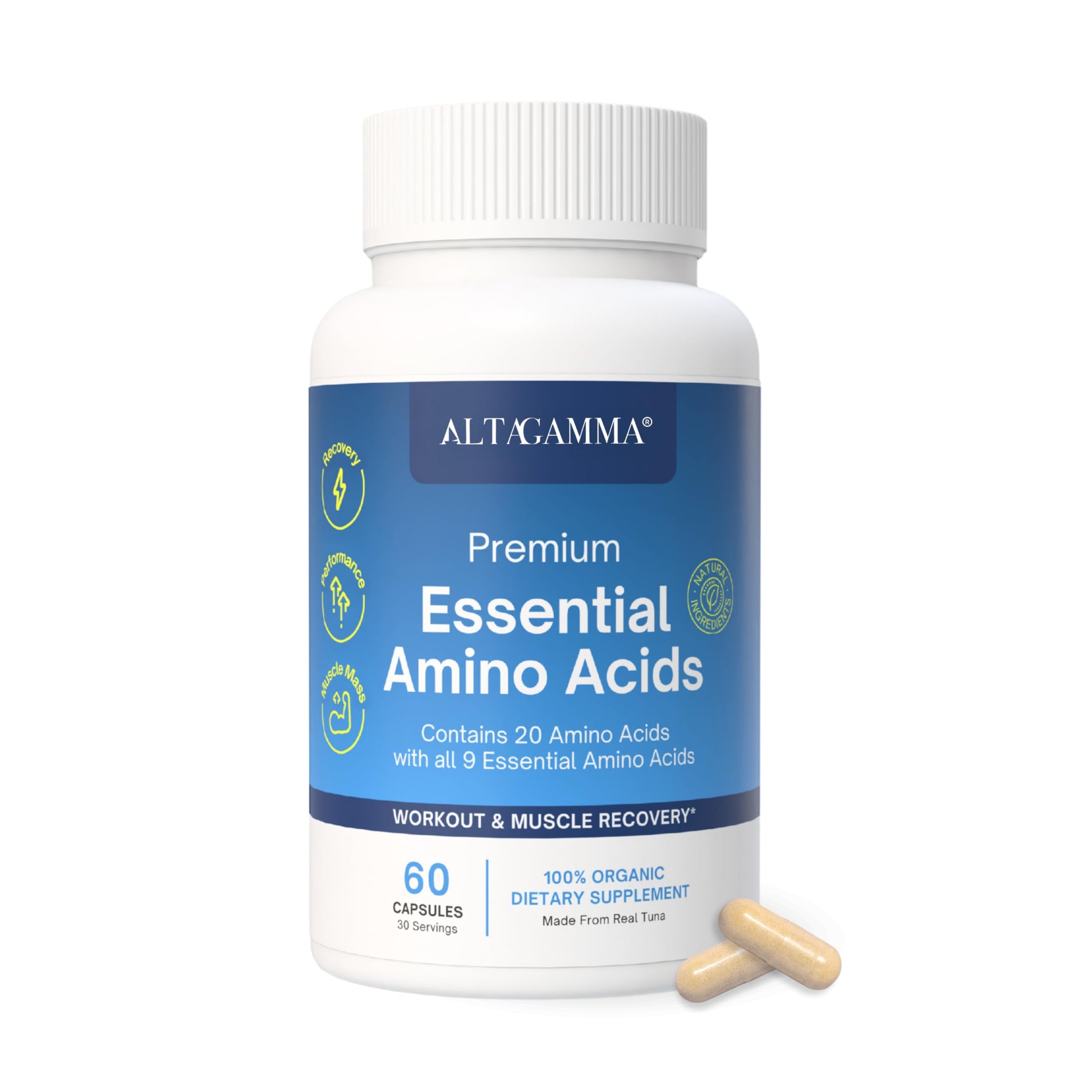 ALTAGAMMA Pure Amino Acids Complex - Protein for Pre/Post Workout, Energy & Muscle Recovery - 9 Essential Amino Acids Supplement (EAA) & BCAAs - Leucine, Lysine, L Tyrosine, L Arginine, 60 Capsules ALTAGAMMA uk supplements