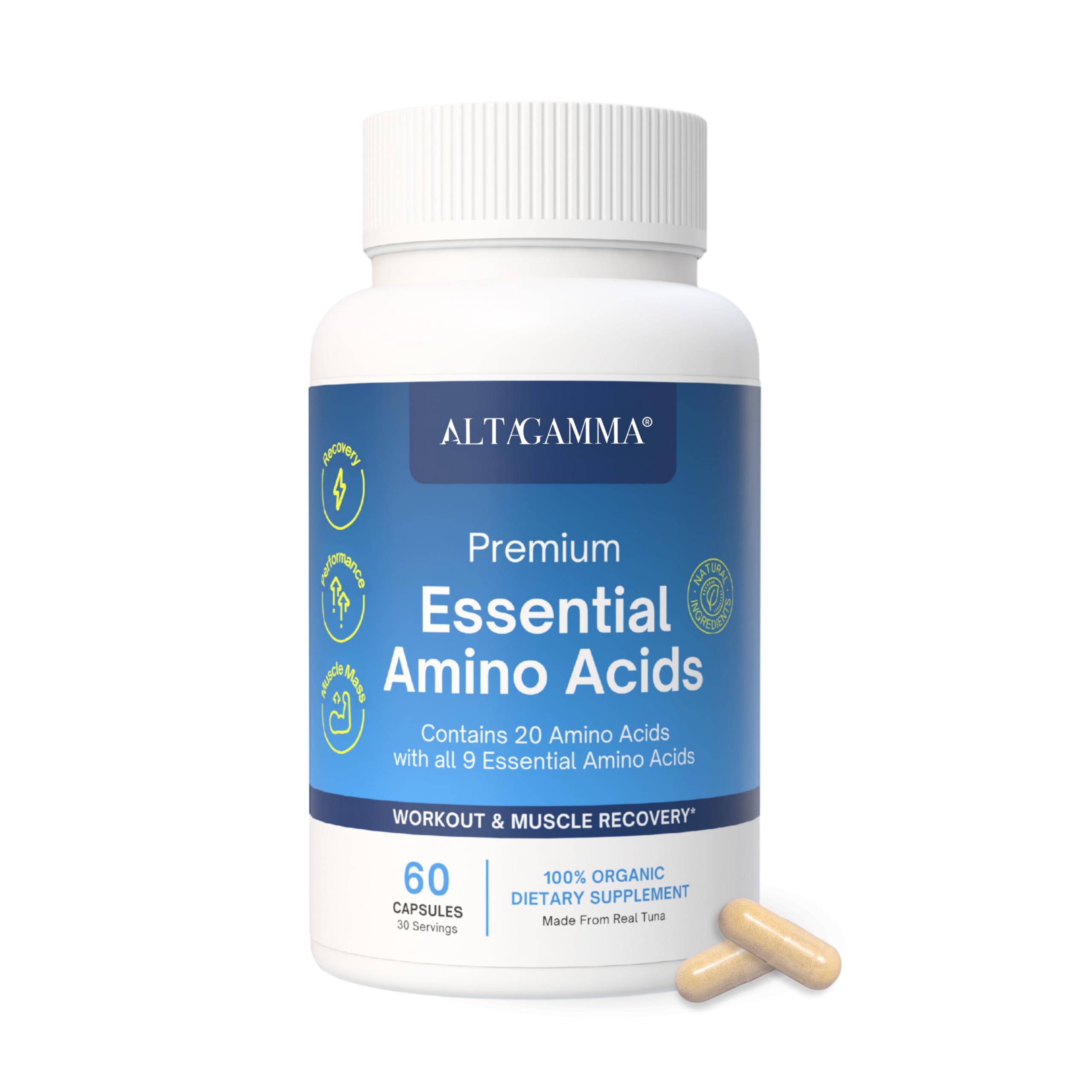 ALTAGAMMA Pure Amino Acids Complex - Protein for Pre/Post Workout, Energy & Muscle Recovery - 9 Essential Amino Acids Supplement (EAA) & BCAAs - Leucine, Lysine, L Tyrosine, L Arginine, 60 Capsules ALTAGAMMA uk supplements