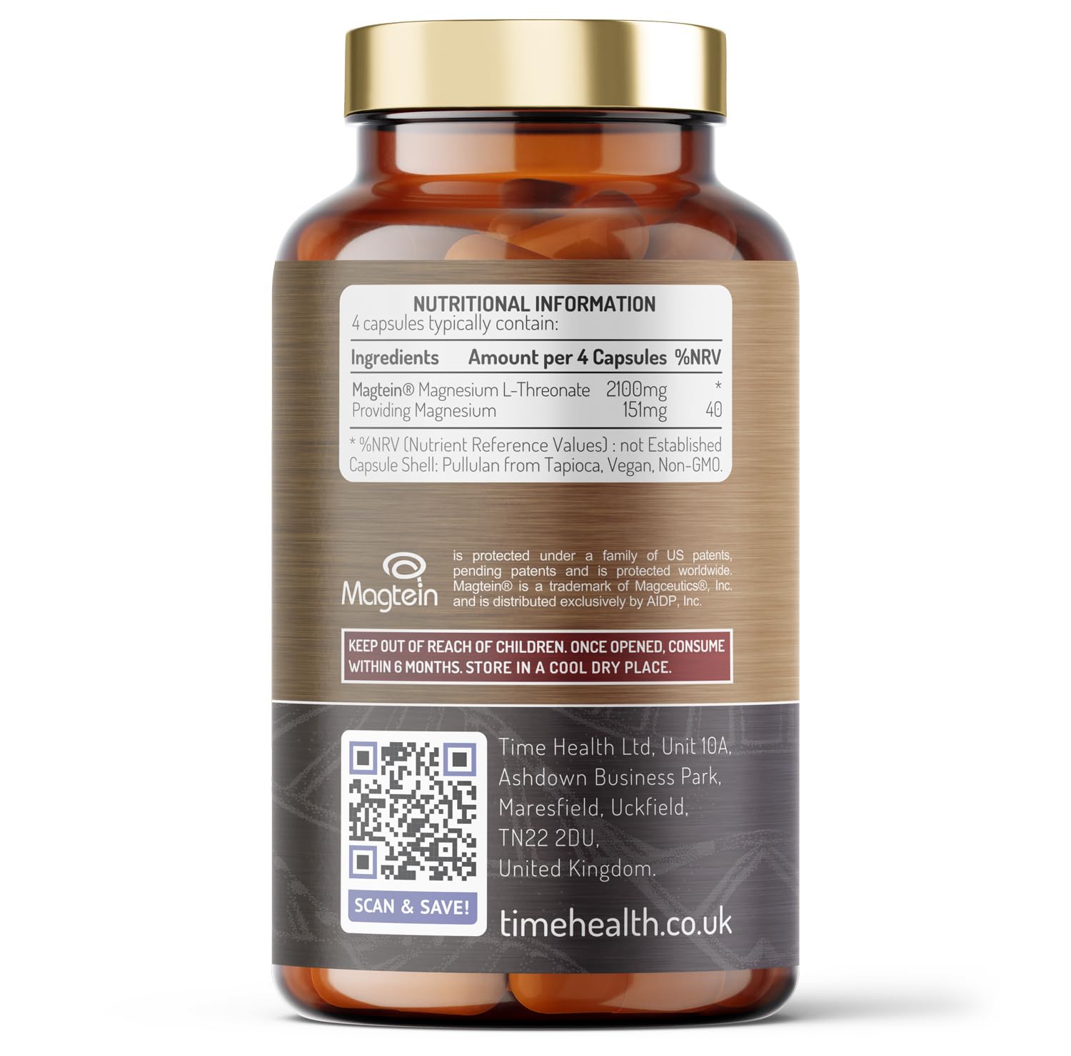 Magtein® Magnesium – 120 Capsules – High Strength 2100mg – Highly Bioavailable Time Health uk supplements