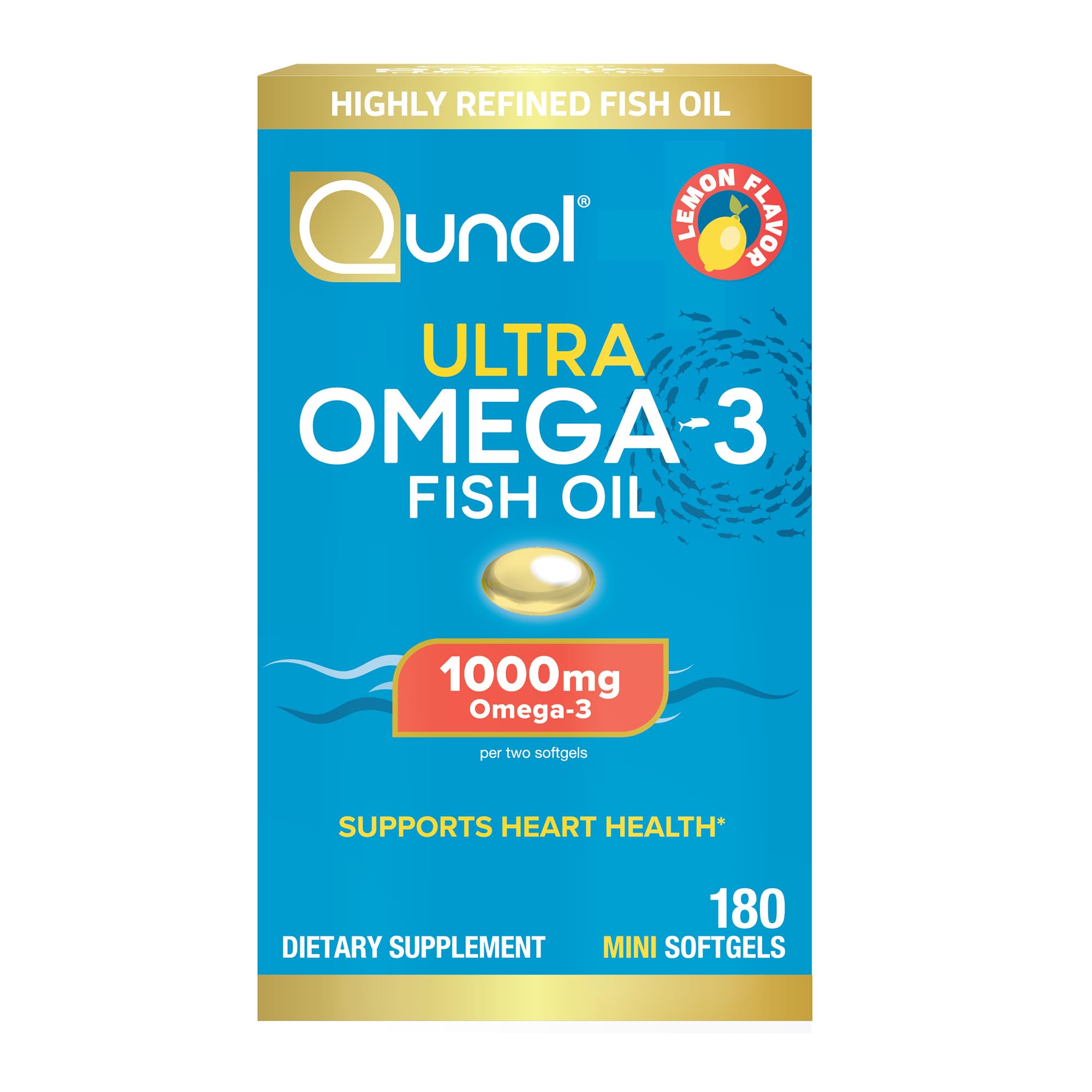 Qunol Fish Oil Omega 3 Mini Softgels, 1000mg Omega 3 EPA + DHA, Ultra Pure Supplements, Heart Health Support, Lemon Flavor, Easy to Swallow Minis, 3 Month Supply, 180 Count Qunol uk supplements