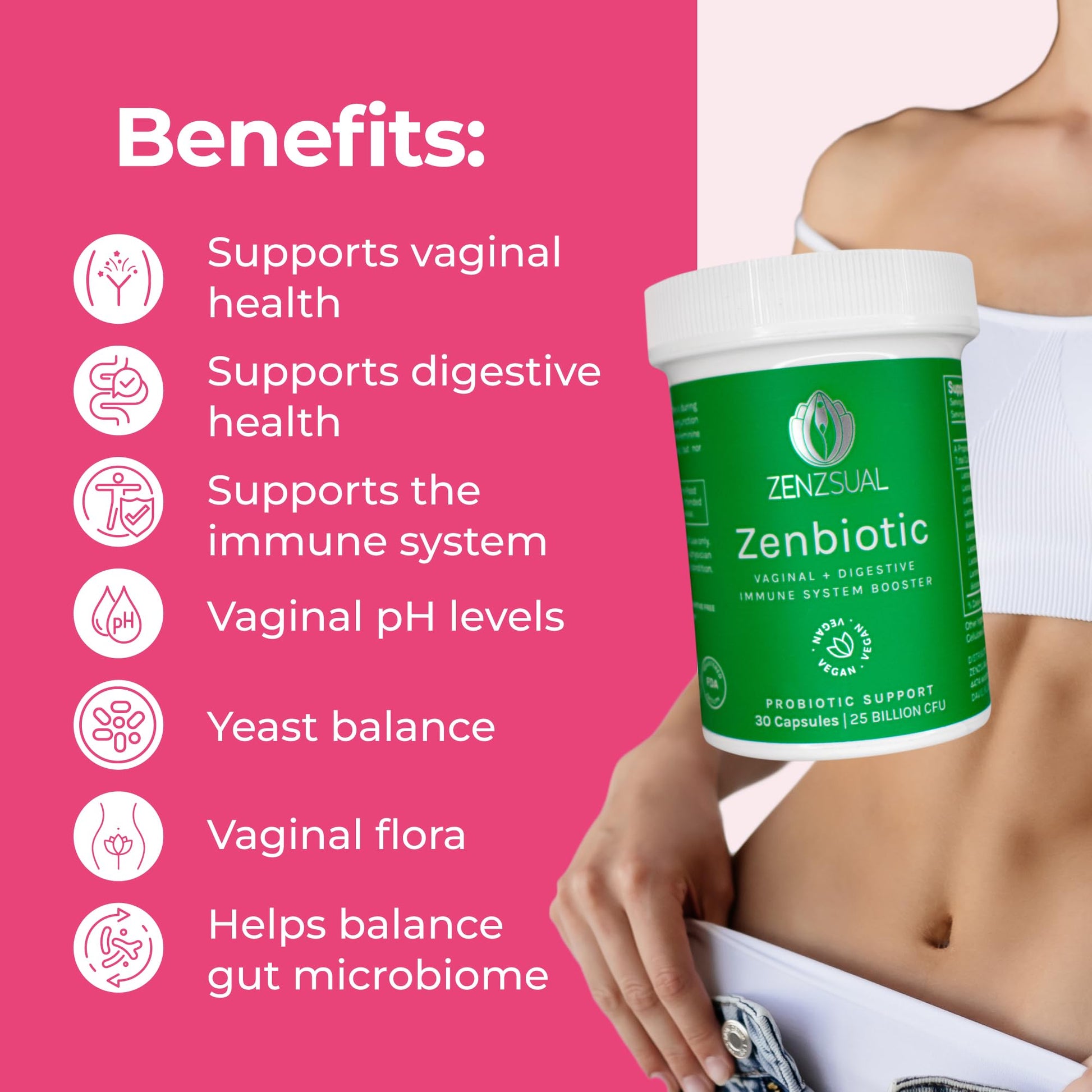 ZENZSUAL Zenbiotic Probiotics Support for Women – 25 Billion CFU, Vaginal Health & pH Balance Support, Odor & Yeast Control, Gut & Digestive Health, Urinary Comfort, Hormone Balance, 30 Vegan Capsules ZENZSUAL uk supplements