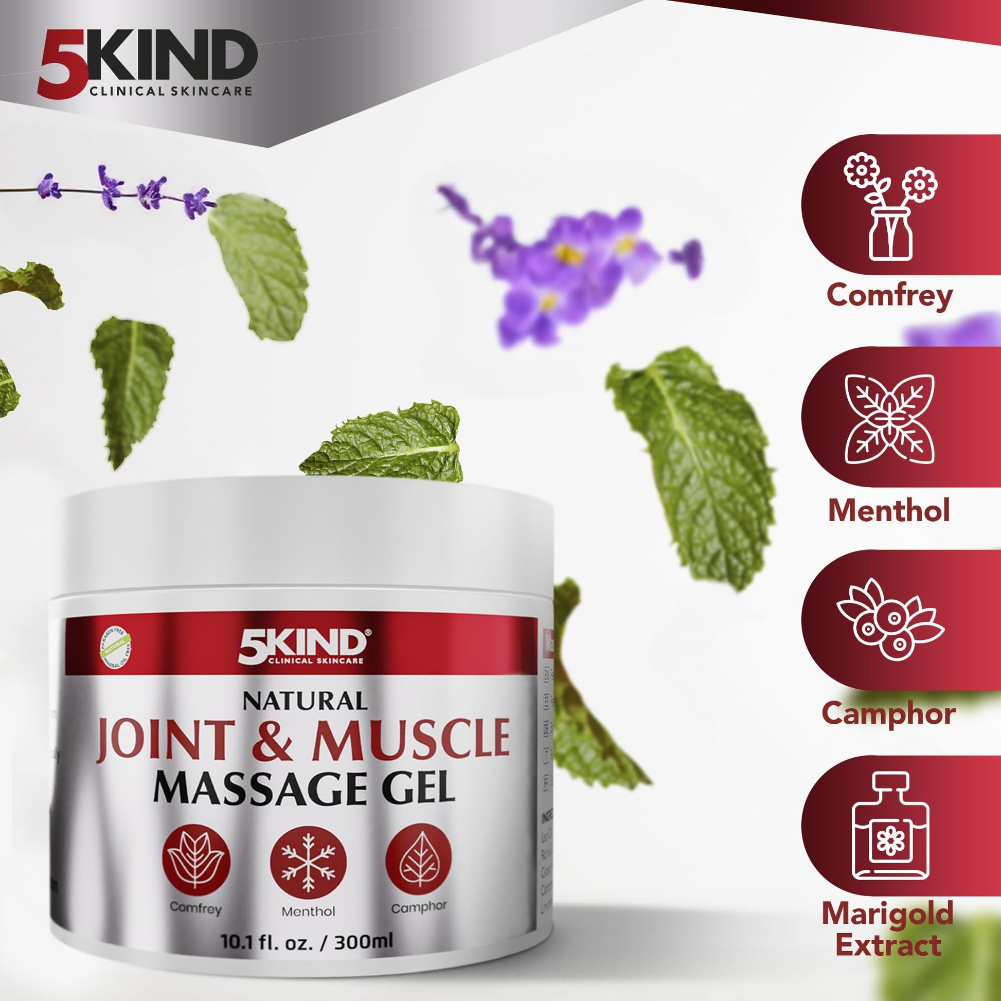 Natural Joint & Musccle Therapy Gel 10.1 Fl Oz- Calendula Cream with Camphor, Comfrey & Menthol - High Strength Revitalising Muscle Rub- Joint Gel for Muscles, Back, Knees, Neck & Shoulders 5Kind 5kind clinical skincare uk supplements