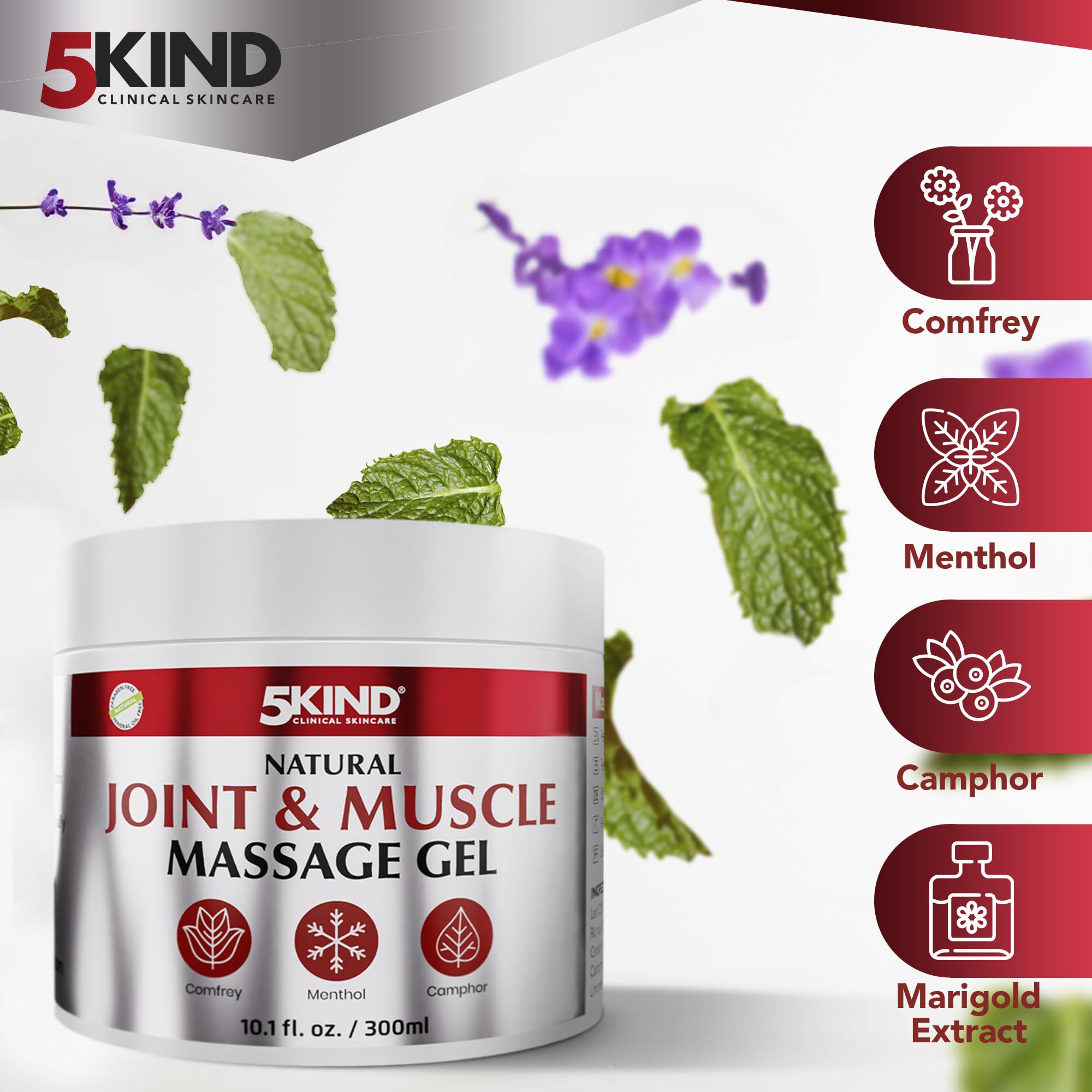 Natural Joint & Musccle Therapy Gel 10.1 Fl Oz- Calendula Cream with Camphor, Comfrey & Menthol - High Strength Revitalising Muscle Rub- Joint Gel for Muscles, Back, Knees, Neck & Shoulders 5Kind 5kind clinical skincare uk supplements