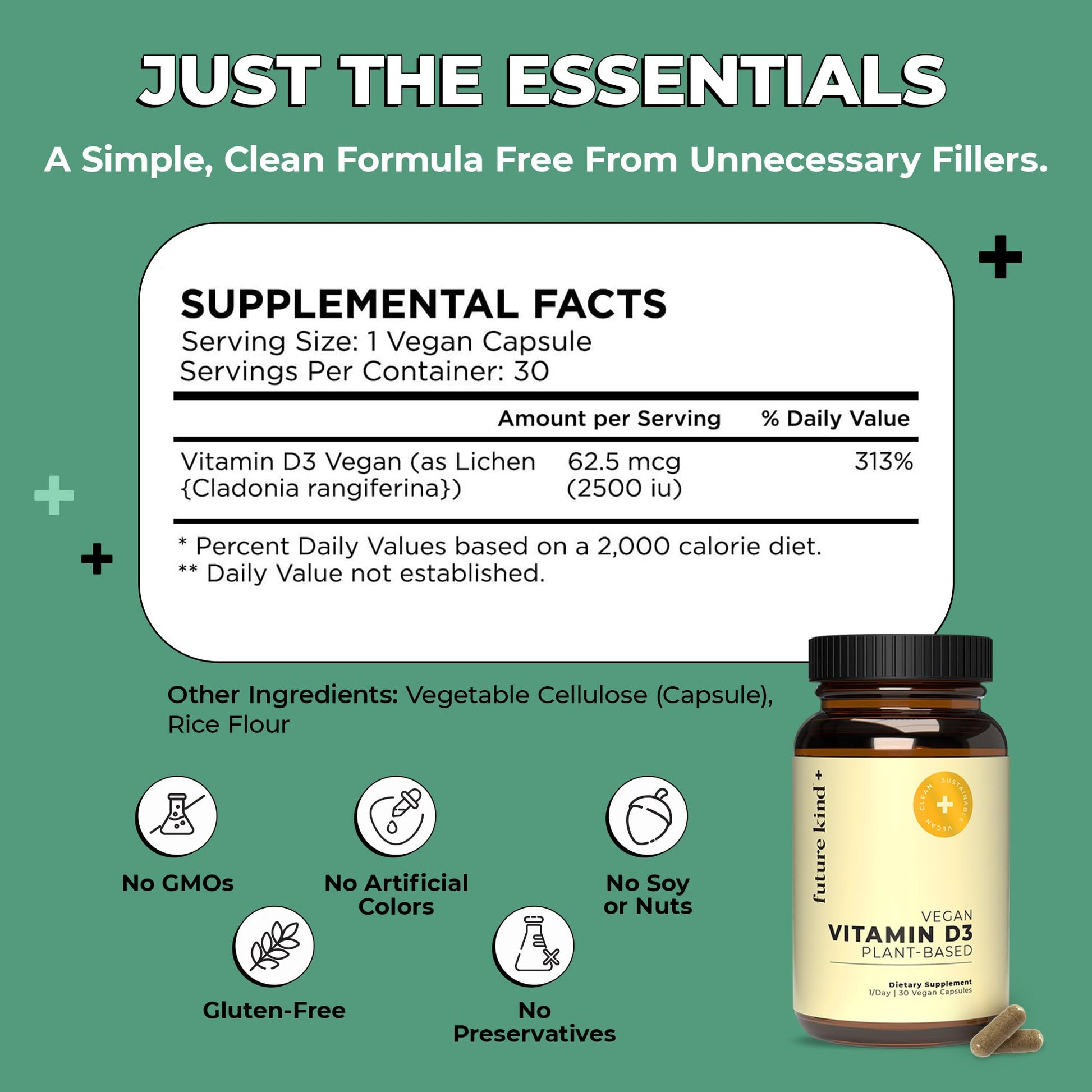 Future Kind Vitamin D3 2500 IU for Bone and Muscle Function, Vitamin D Vegan Supplement from Plant Lichen, Non-GMO, Sugar Free, Pure Vitamin D3, Promotes Natural Resilience, 30 Capsules Future Kind uk supplements