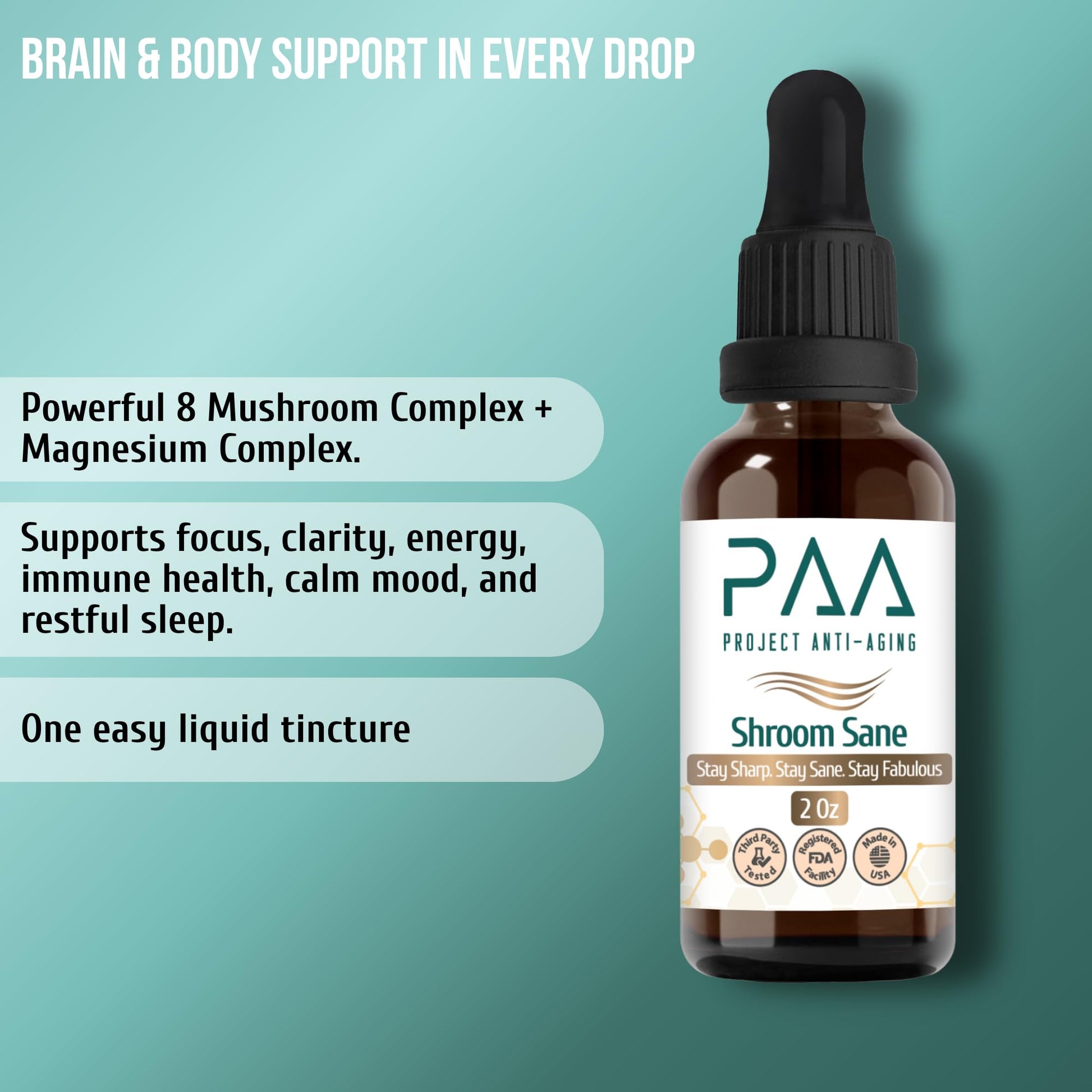 Project Anti-Aging Shroom Sane Liquid Drops with Lion’s Mane Mushroom Supplement Drops – 8 Mushroom Complex Tincture with Reishi, Cordyceps, Turkey Tail & Magnesium – USDA Organic, Vegan, Project Anti-Aging uk supplements