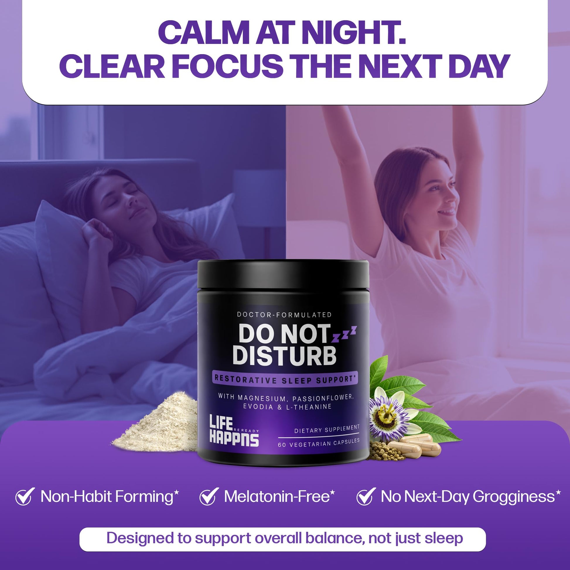 Doctor Formulated Triple Magnesium for Sleep, Calm & Relaxation with Chelated Magnesium Glycinate, L-Theanine, Passionflower & Evodia – Non-Habit, No Melatonin Magnesium Sleep Aid Support Supplement LIFE HAPPNS BE READY uk supplements