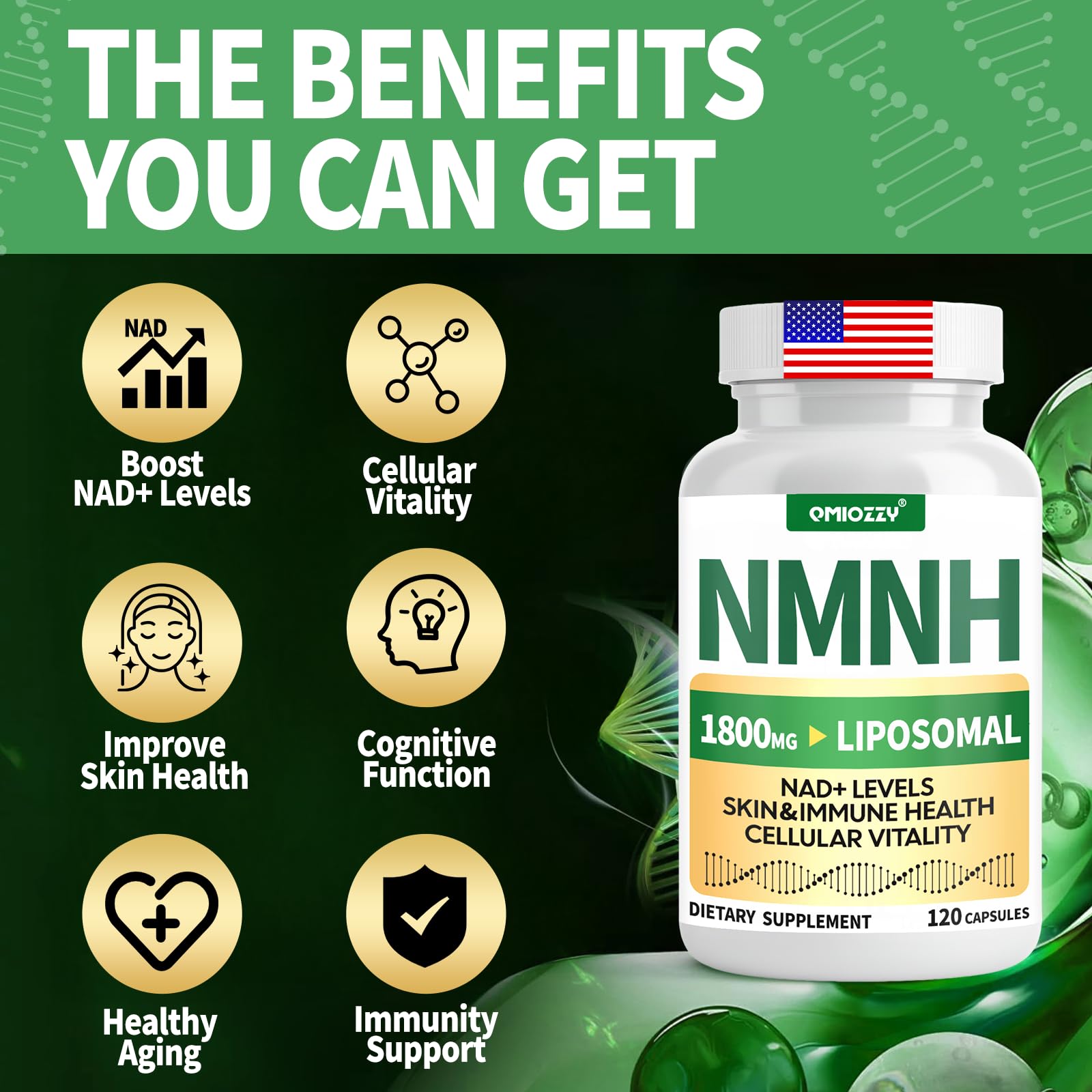 NMNH Supplement 1000mg - Nicotinamide Mononucleotide Alternative, Boost NAD+ with Liposomal Resveratrol & Nicotinamide Riboside NR, for Healthy Cellular, Aging, Energy, 120 Vegan Non-GMO Capsules Qmiozzy uk supplements