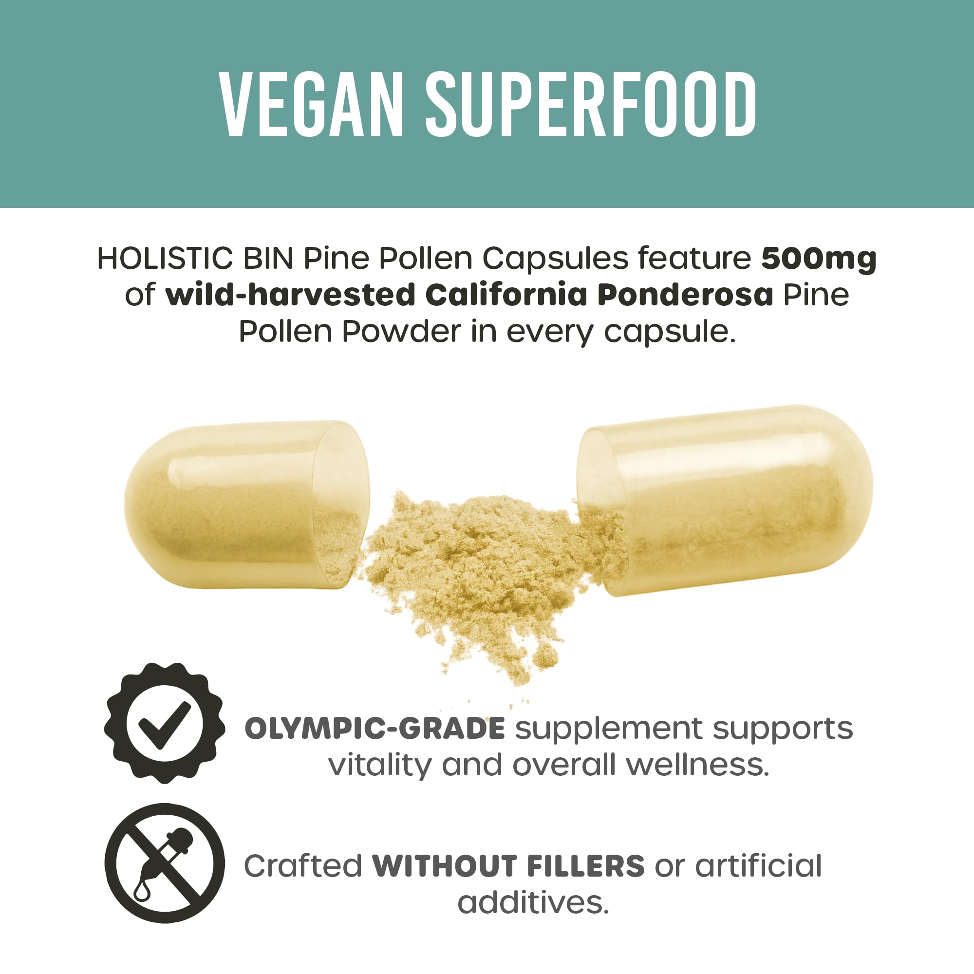 Holistic Bin Pine Pollen Capsules 500mg (Pinus Ponderosa) - Wild Harvested California Ponderosa Pine Pollen Powder - Olympic Grade - Organic, Non-GMO, No Fillers - 30 Day Supply (40 Capsules) Holistic Bin uk supplements