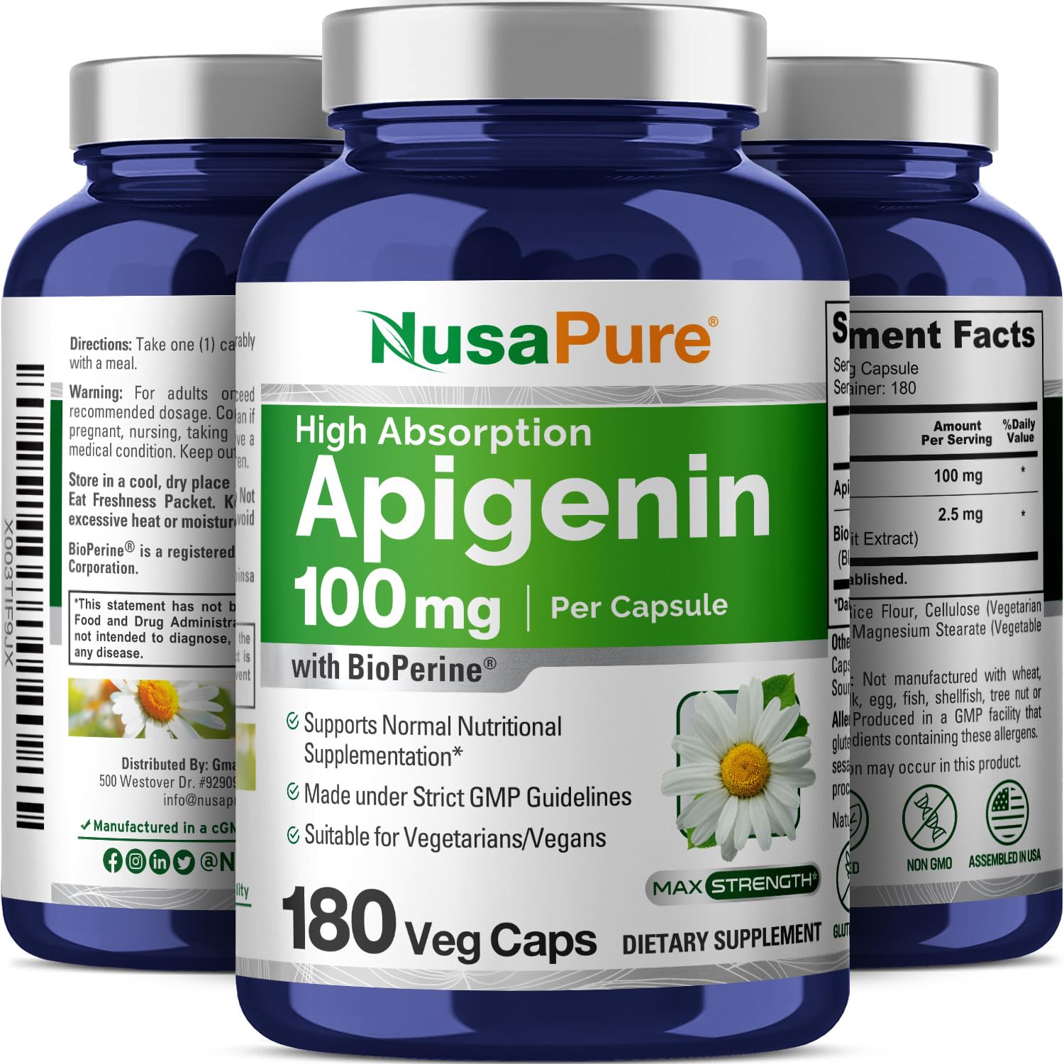 NusaPure Apigenin 100 mg per Capsule 180 Vcaps - Bioperine (Non-GMO, Gluten Free) NusaPure uk supplements