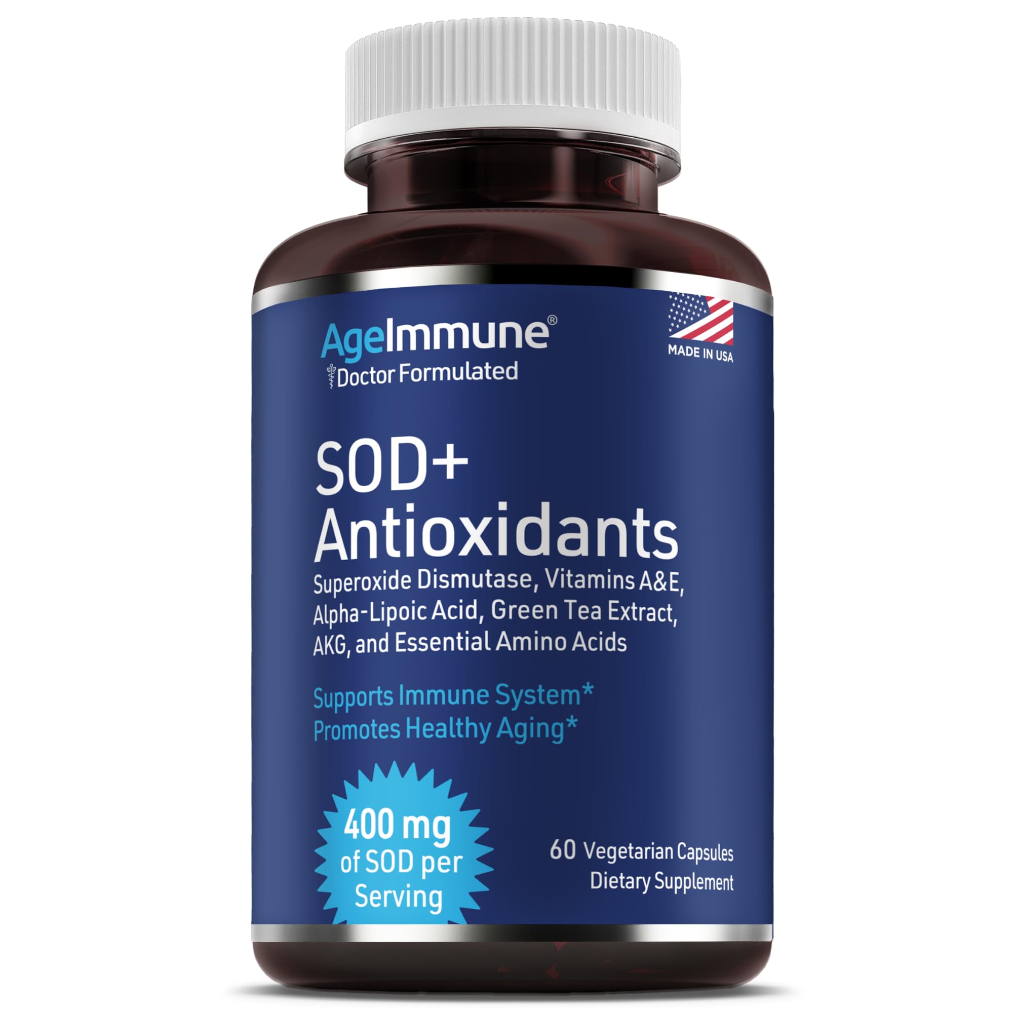 SOD Antioxidants Complex Healthy Aging Supplement - 400mg of Superoxide Dismutase - Alpha Lipoic Acid - L-Arginine -Lysine - AKG - Vitamin A - Vitamin E for Immune Support-60 Capsules AgeImmune uk supplements