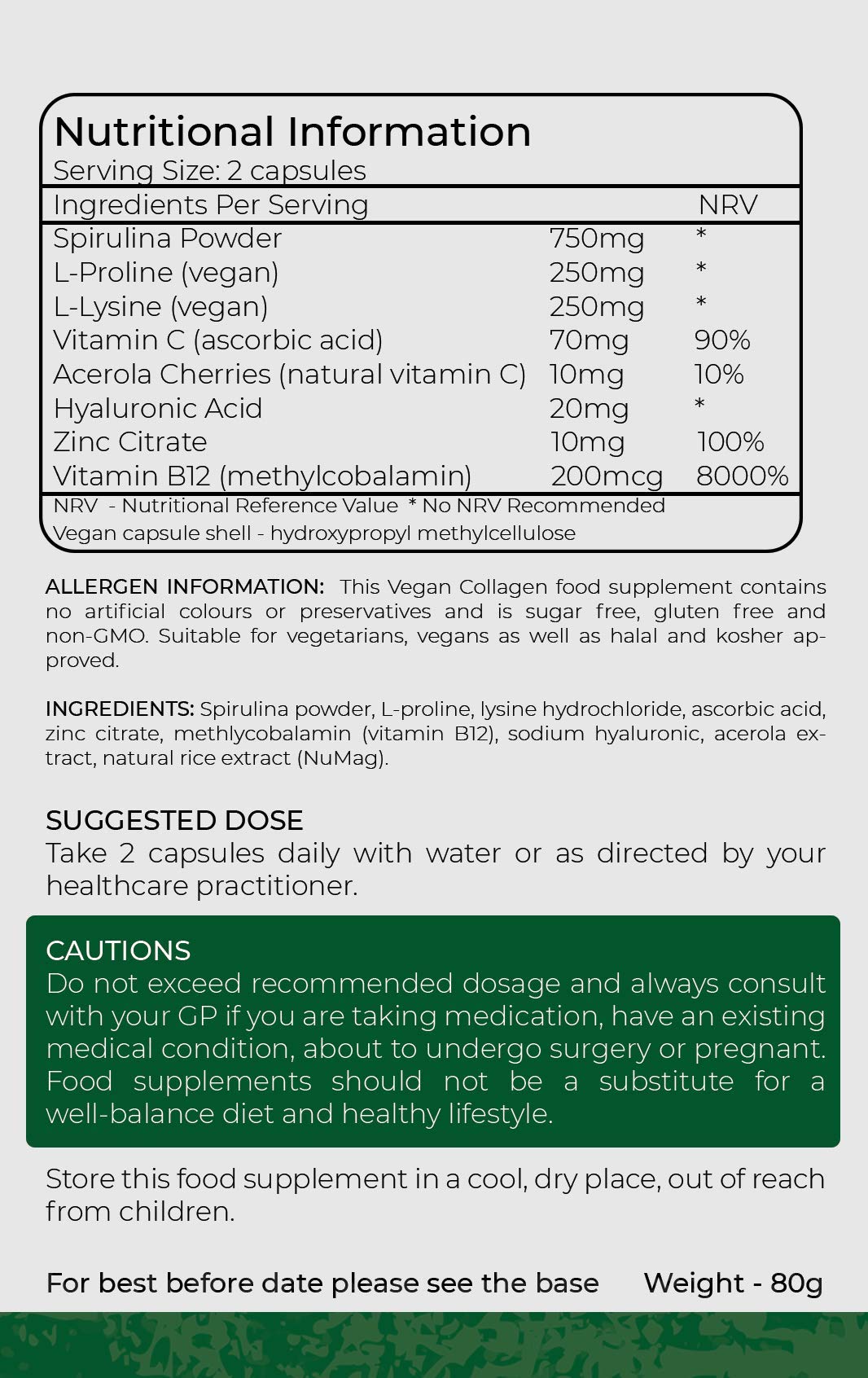 Vegan Collagen Supplement - 1400mg, Spirulina, L-Lysine, L-Proline, Acerola Cherries , Vitamin C & B12, Zinc, Hyaluronic Acid, UK Made D Direct Vitality uk supplements