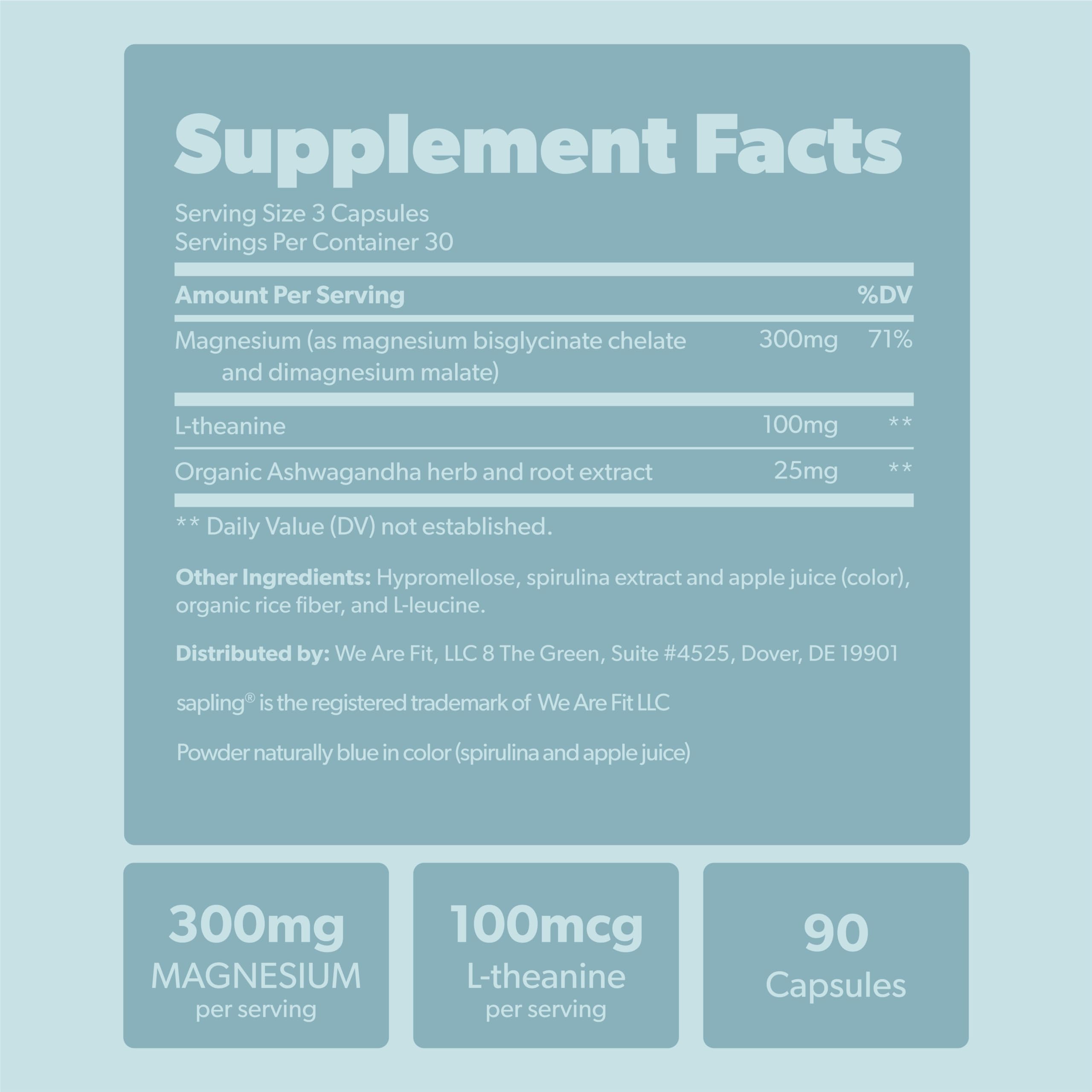 Magnesium Glycinate Complex Supplement - Chelated Magnesium Glycinate with Malate, Organic Ashwagandha, L-theanine & Blue Spirulina - High Absorption, Vegan, Non-GMO, 300mg, 90 Veggie Caps sapling uk supplements
