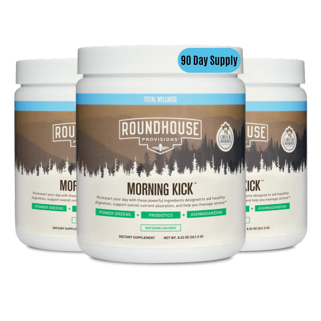 ROUNDHOUSE PROVISION Morning Kick by Chuck Norris - Watermelon Mint Flavor - Greens Superfood Powder with Probiotics, Collagen Peptides & Ashwagandha to Help Support Gut & Joint Health, 3 Pack ROUNDHOUSE PROVISION uk supplements