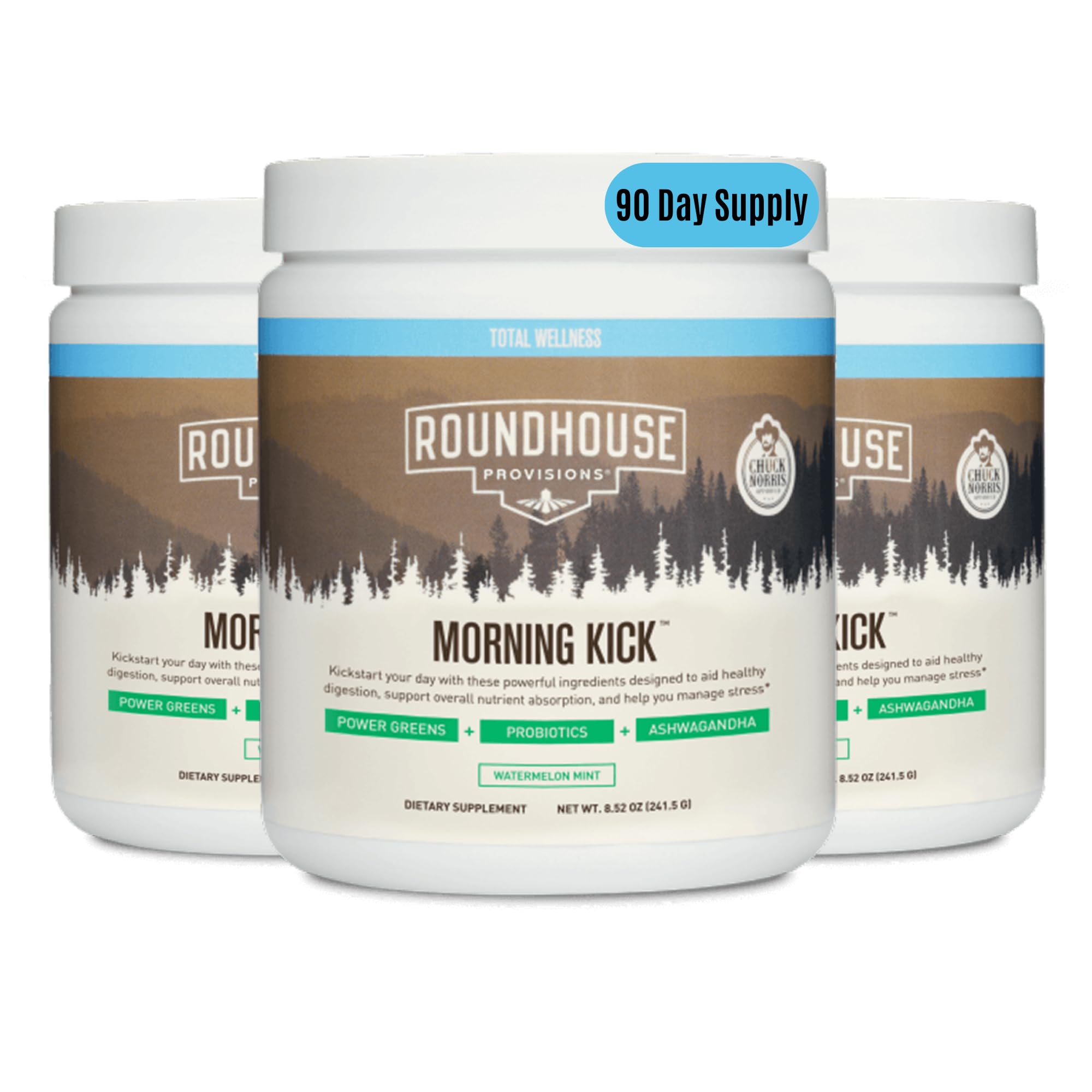 ROUNDHOUSE PROVISION Morning Kick by Chuck Norris - Watermelon Mint Flavor - Greens Superfood Powder with Probiotics, Collagen Peptides & Ashwagandha to Help Support Gut & Joint Health, 3 Pack ROUNDHOUSE PROVISION uk supplements