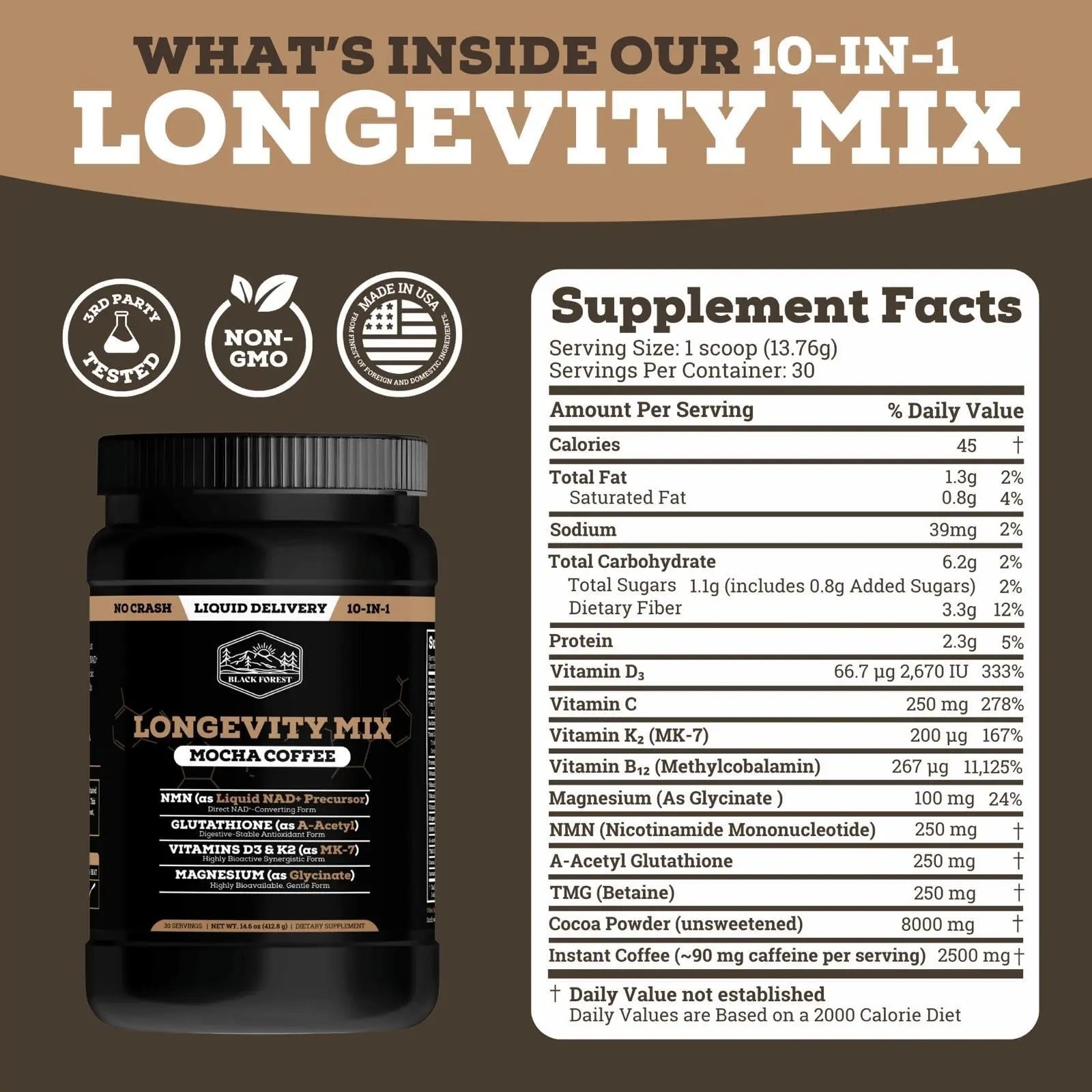 Black Forest Longevity Mix Liquid NAD+ Alternative Mocha Coffee 10-in-1 with NMN 250mg, Glutathione 250mg, TMG, Magnesium Glycinate, Vitamins D3 K2 C B12, High Polyphenol Cocoa, 30 Servings Black Forest uk supplements