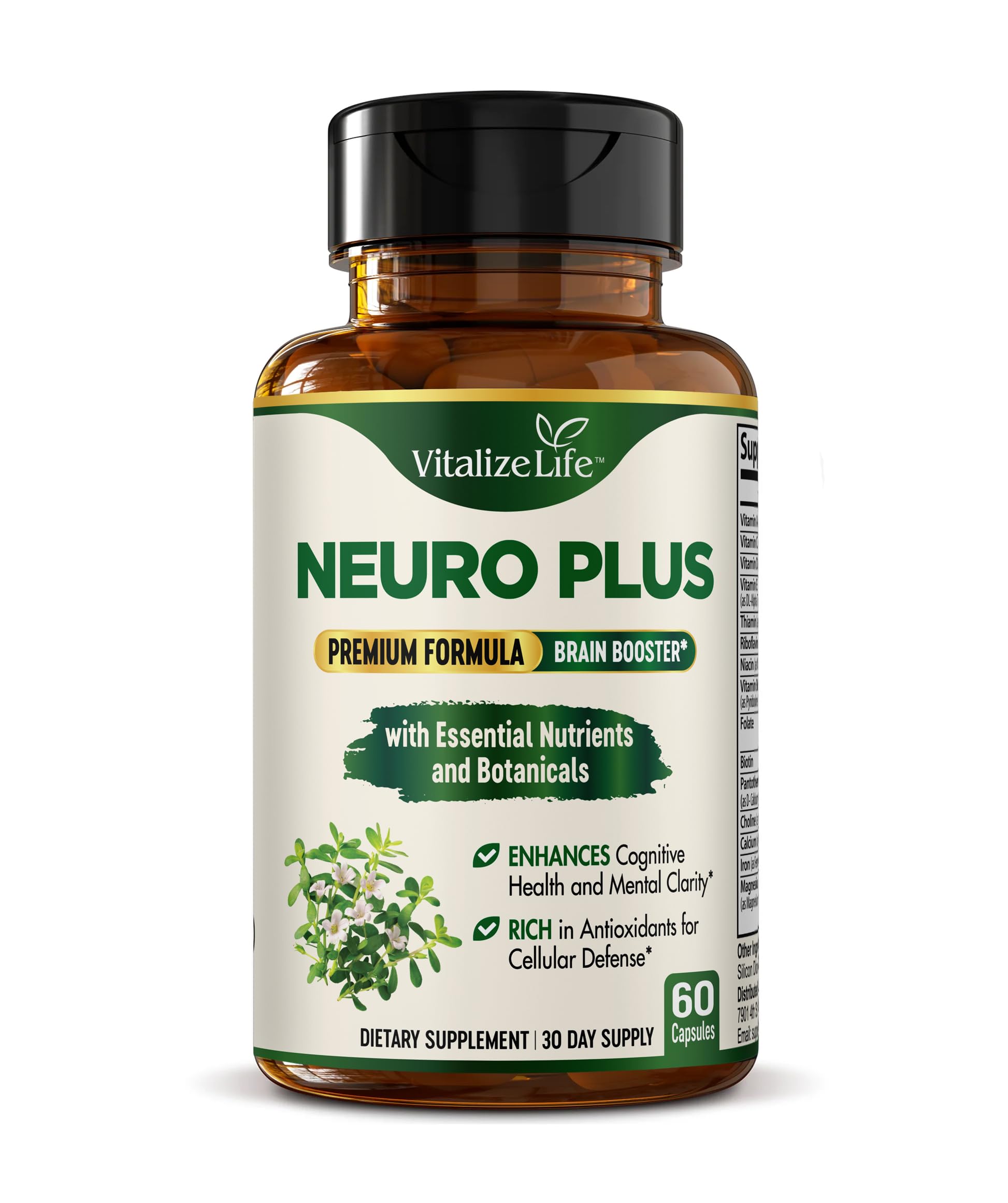 Neuro Plus Brain Supplement - Nootropic for Memory, Focus & Clarity - Neuro Brain and Focus Supplement with Bacopa Monnieri & DHA - Cognitive Support Formula - 60 Capsules Vitalize Life uk supplements