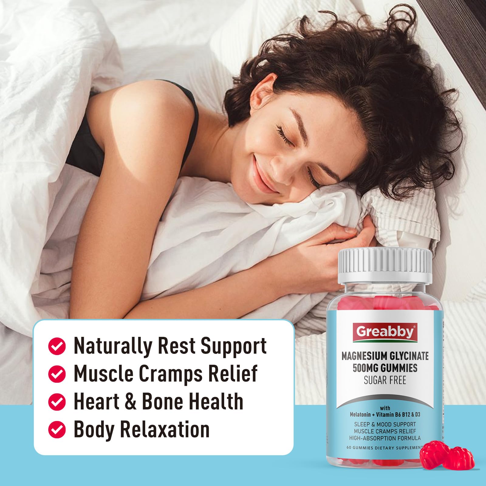 Greabby Magnesium Glycinate Gummies 500mg for Adults Sleep Support, Chewable Magnesium Gummies for Women & Men, Muscle Relief & Magnesium Supply (60 Count) GREABBY uk supplements