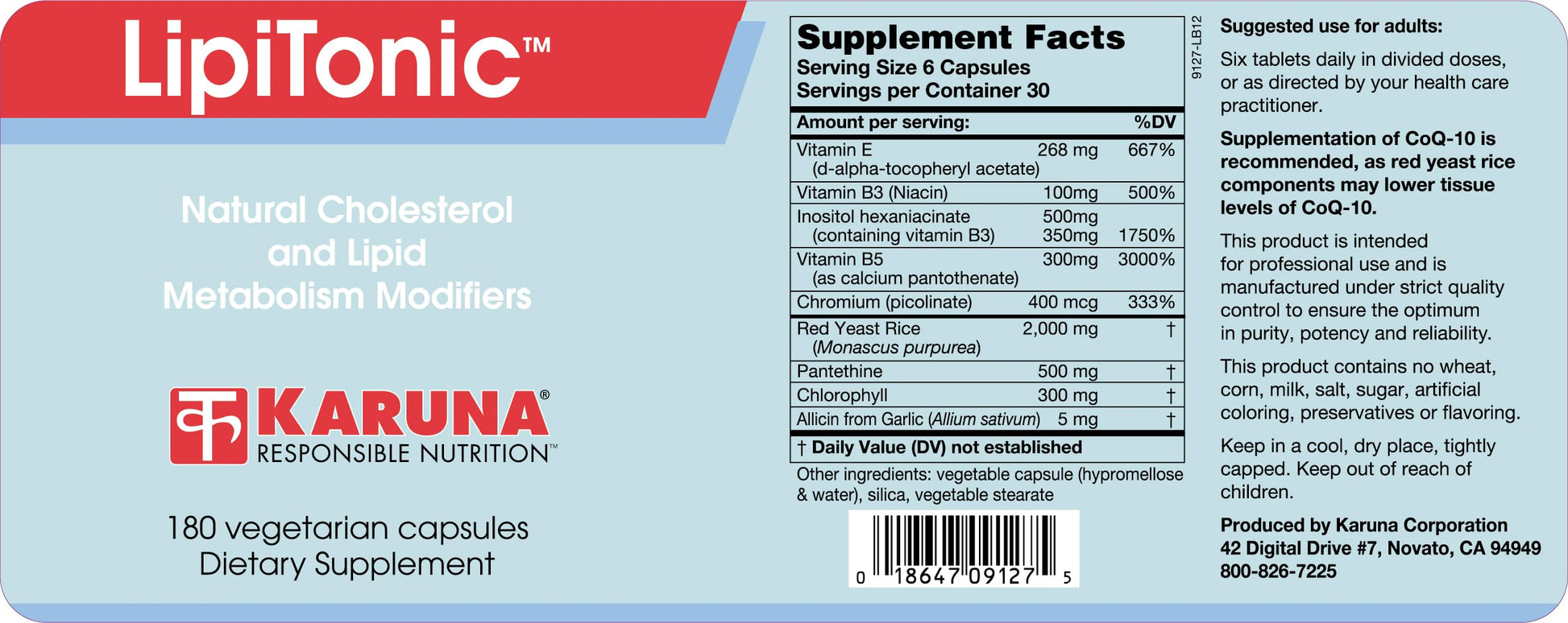 Karuna Lipitonic - 180 Vegetarian Capsules - Blend of Vitamins, Minerals, and botanicals Supporting Healthy Cholesterol Levels Already in the Normal Range and Promote Healthy lipid Metabolism Karuna uk supplements