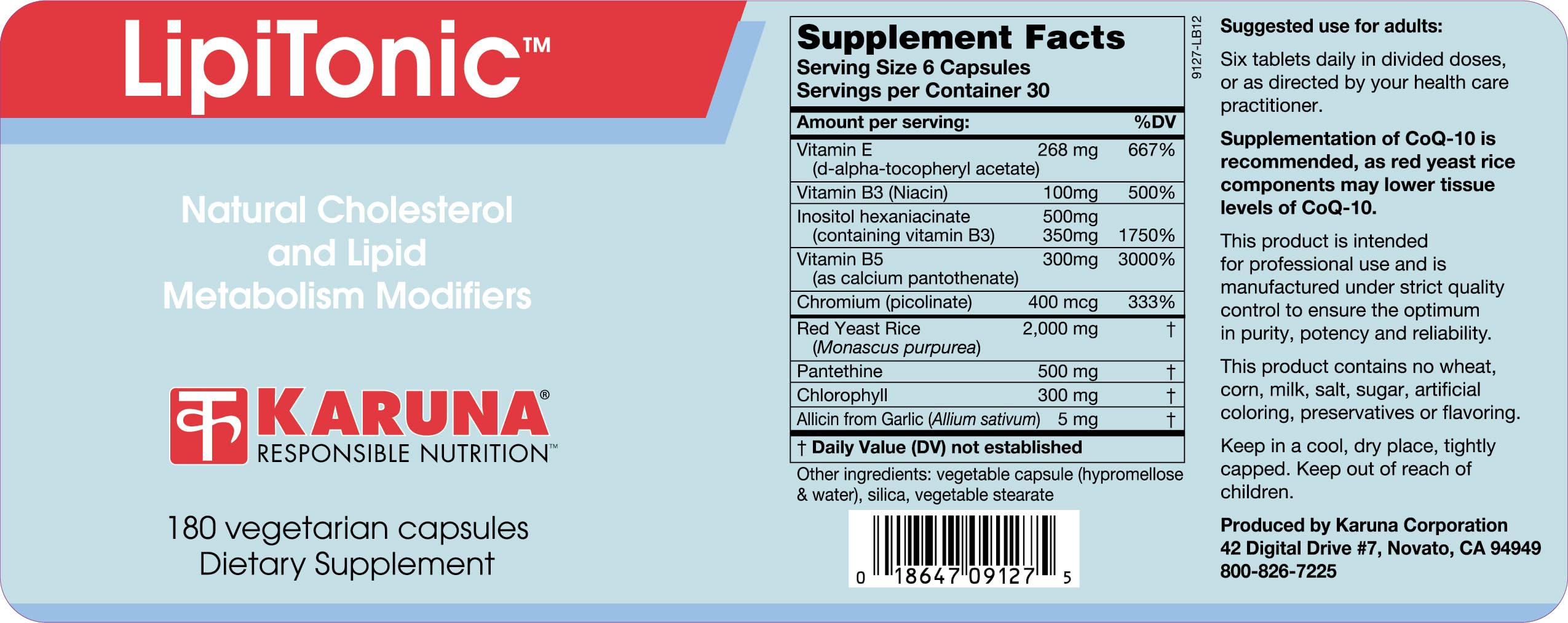 Karuna Lipitonic - 180 Vegetarian Capsules - Blend of Vitamins, Minerals, and botanicals Supporting Healthy Cholesterol Levels Already in the Normal Range and Promote Healthy lipid Metabolism Karuna uk supplements