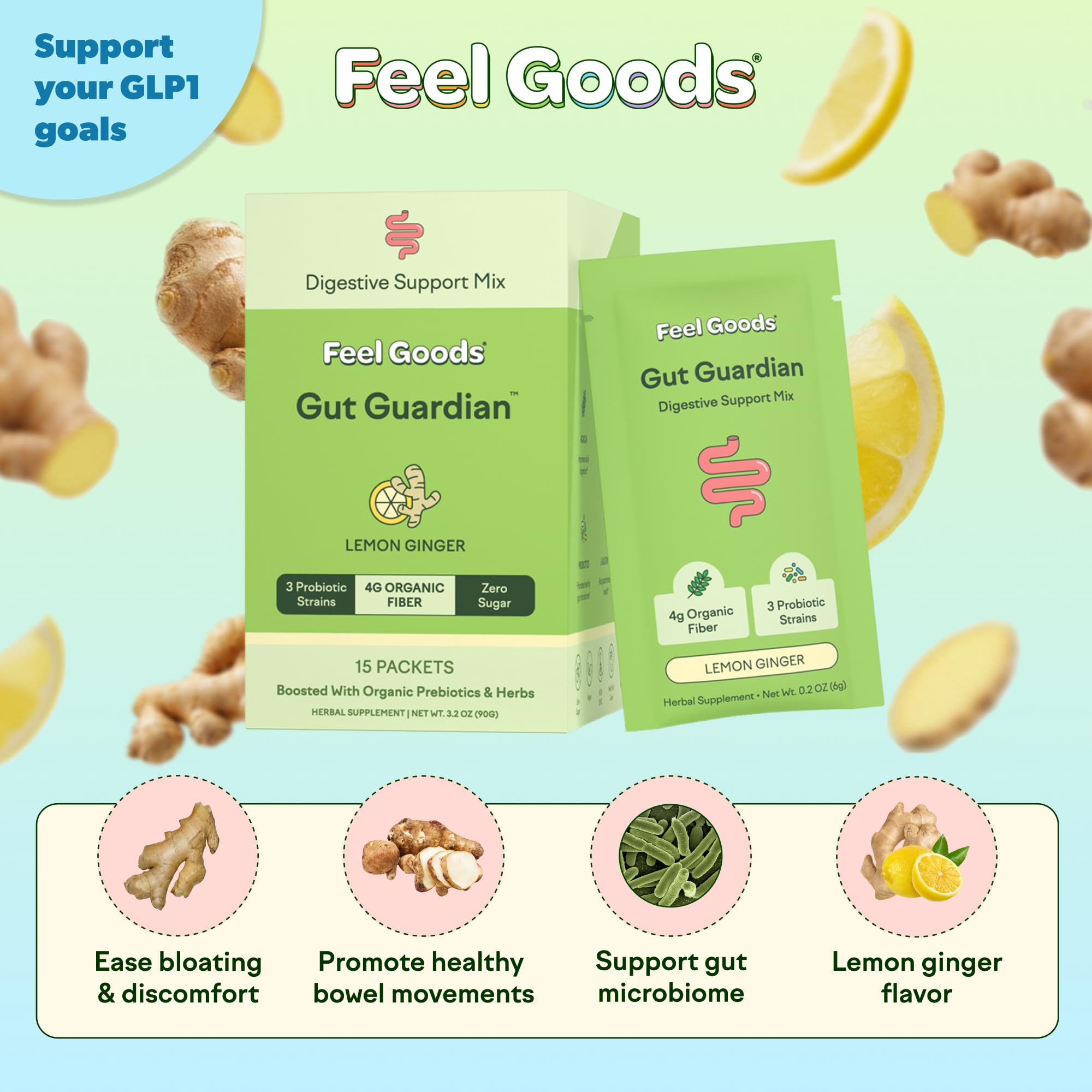 Feel Goods Gut Guardian, Gut Health Powder Packets - Probiotic Fiber Powder with Prebiotics & L Glutamine for Digestive Health, Bloating Relief & Digestion Support - Zero Sugar & Organic Flavor Feel Goods uk supplements