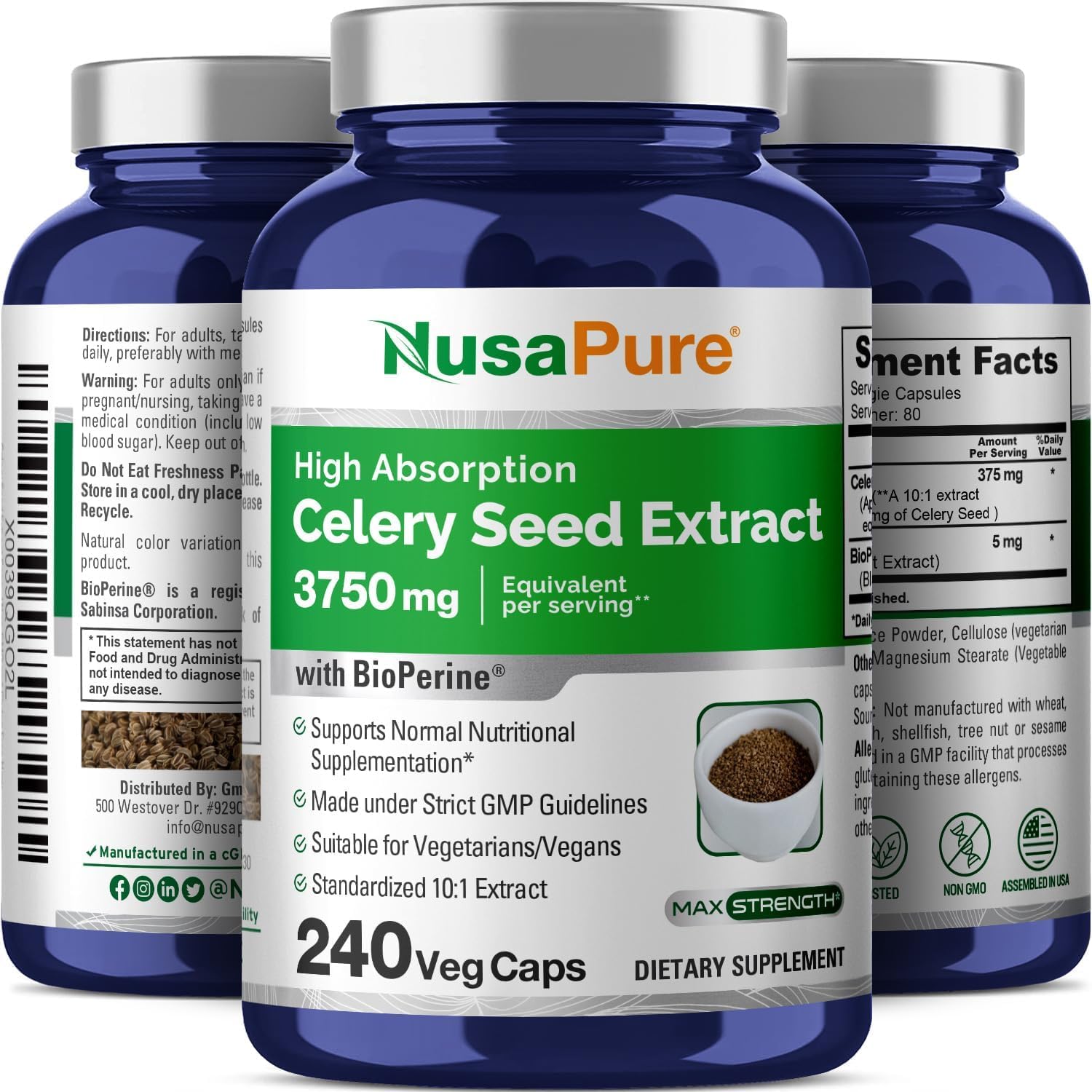 NusaPure Celery Seed Capsules 10:1 Extract, 375 mg Equivalent to 3750mg, 240 Veggie Caps, Non-GMO, Vegan NusaPure uk supplements