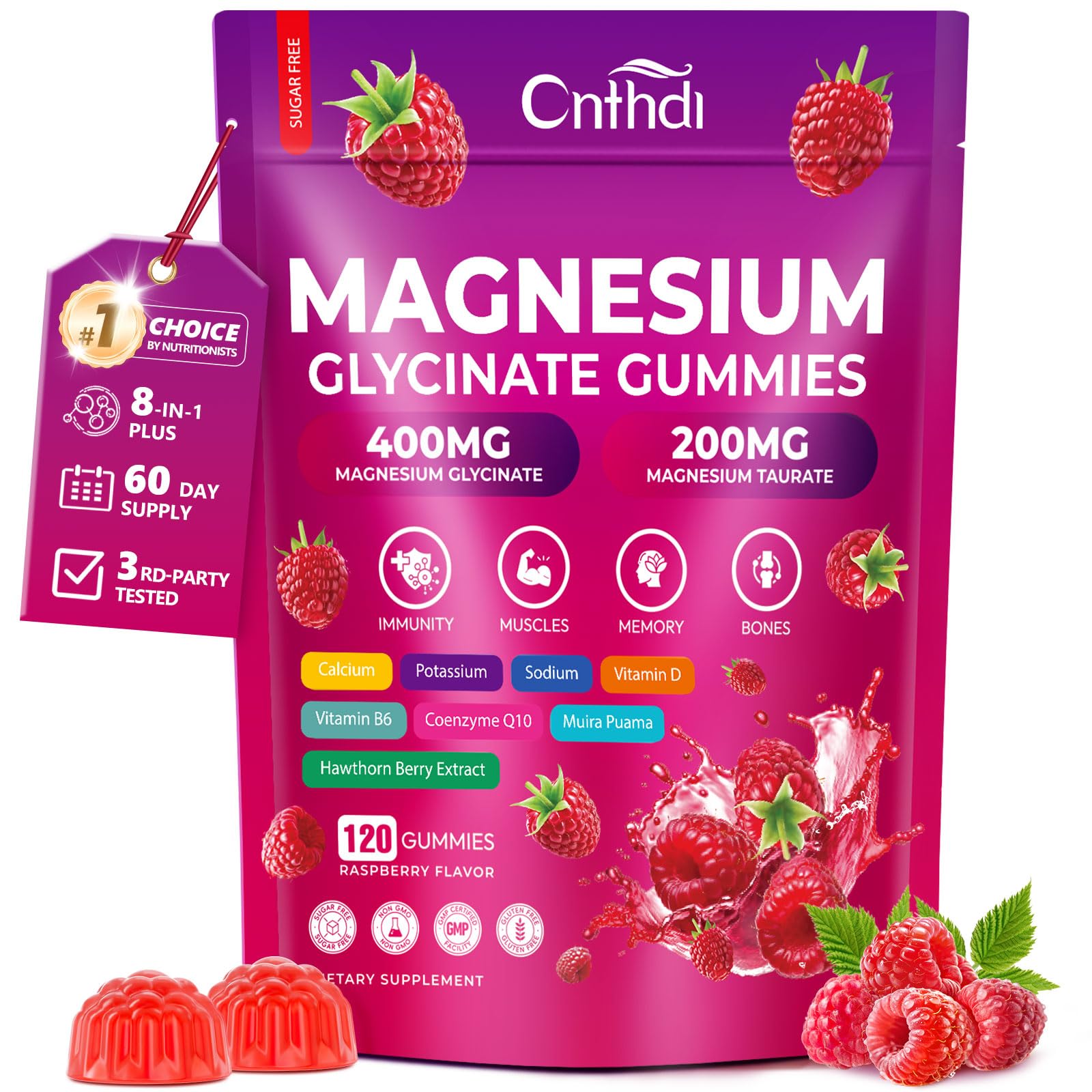 CNFHDI Magnesium Glycinate Gummies 600mg, 120 Counts Chews Sugar Free Magnesium Gummies for Adults & Kids with Calcium, Zinc & CQ10, Potassium Supplements for Zzz, Brain, Muscle & Relax CNFHDI uk supplements