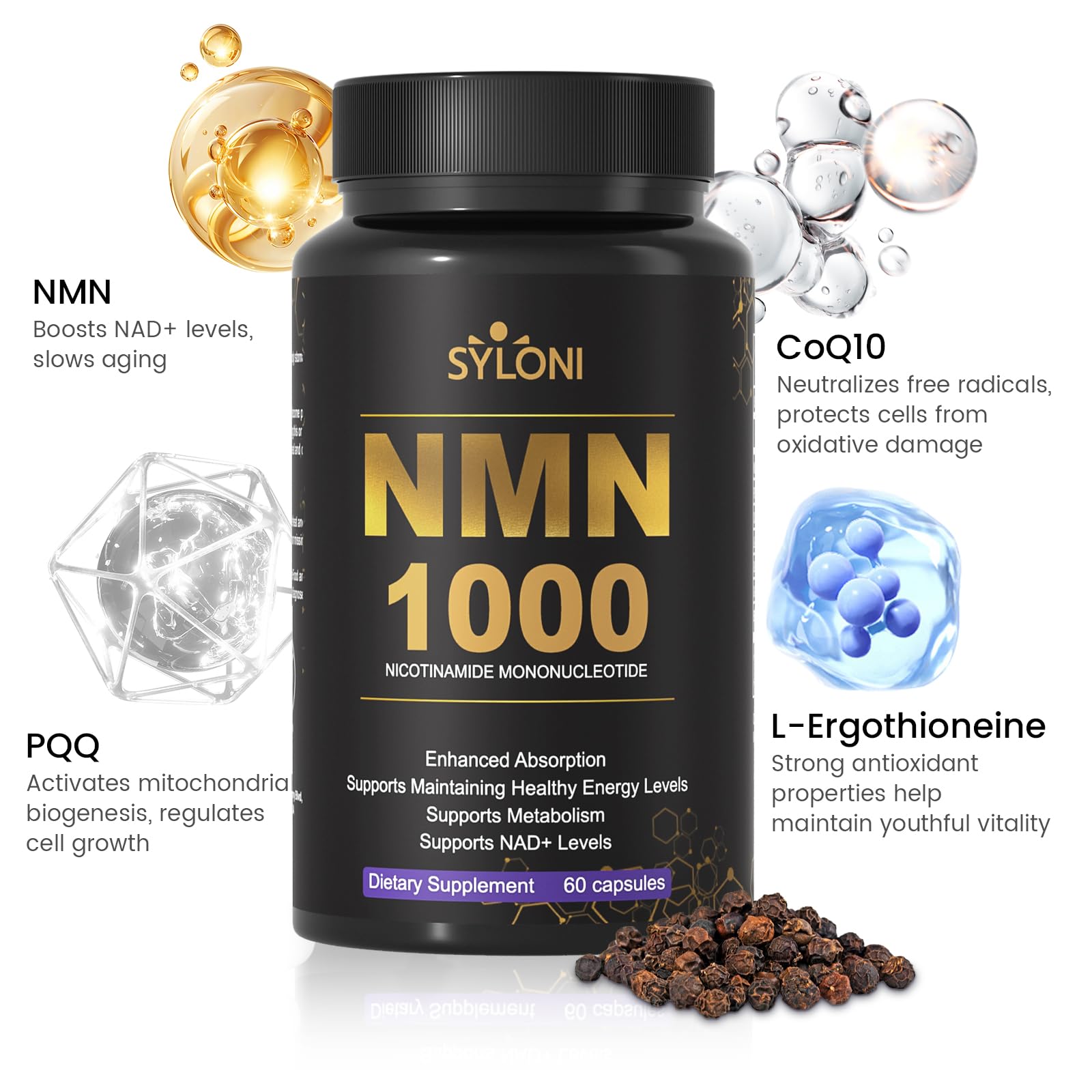 Syloni NMN Supplement 1000mg, 99% Pure NMN 4-in-1 NAD+ Booster with PQQ, CoQ10, L-Ergothioneine, 60 Capsules Nicotinamide Mononucleotide - Anti-Aging, Energy Boost, DNA Repair for Adults, Vegan Syloni uk supplements