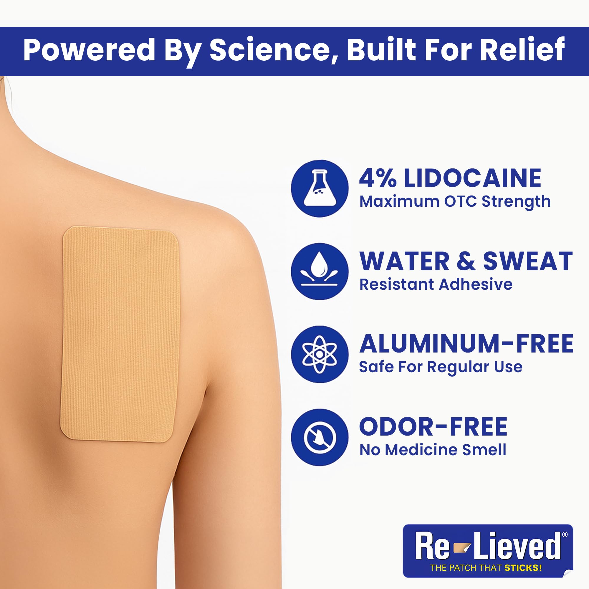 Re-Lieved 4% Lidocaine Patches Maximum Strength - Aluminum-Free, Water Resistant and USA Made -Superior Sticking Pain Relief Patches Quickly Relieves Back, Joints and Muscle Pain-3x6 Inches (31 Count) Re-lieved uk supplements
