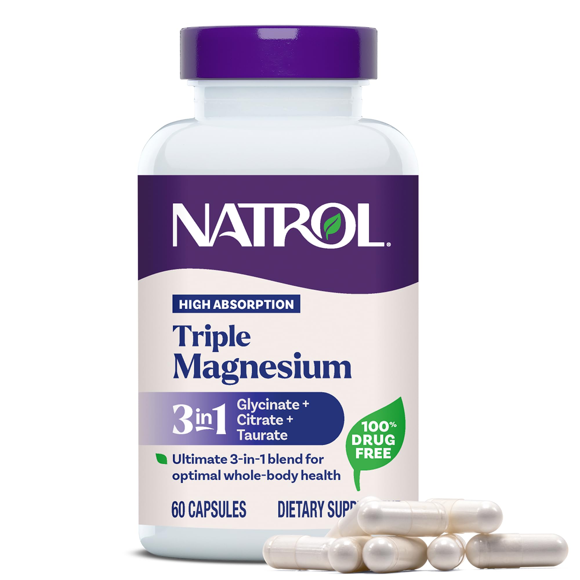 Natrol Triple Magnesium Complex Supplement, Glycinate, Citrate & Taurate 200mg High Absorption, Support Whole Body Wellness, 60 Capsules Natrol uk supplements