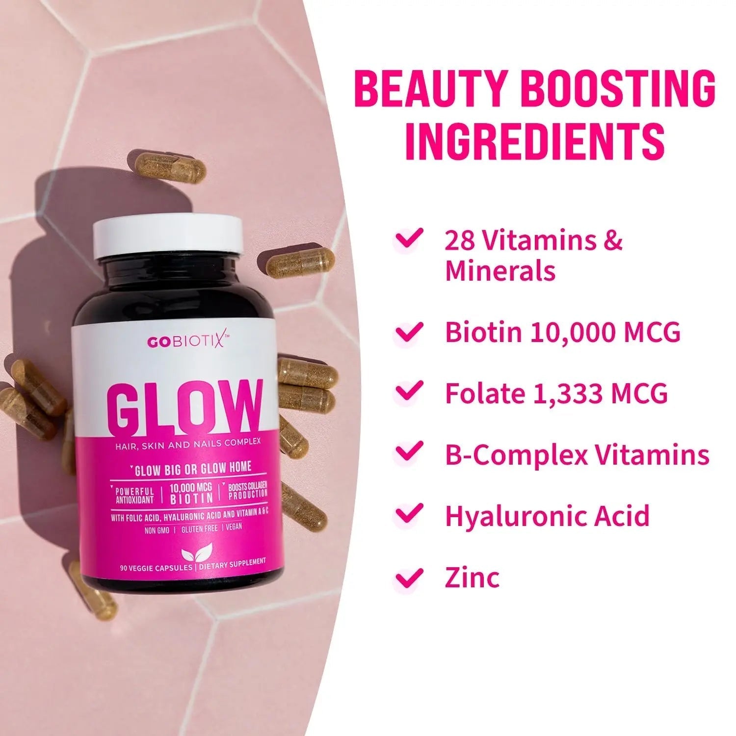 GOBIOTIX Hair Skin and Nails Vitamin Supplement - 10000mcg Biotin Pills with Hyaluronic Acid, Folate, Iron, Magnesium, and Zinc GOBIOTIX uk supplements