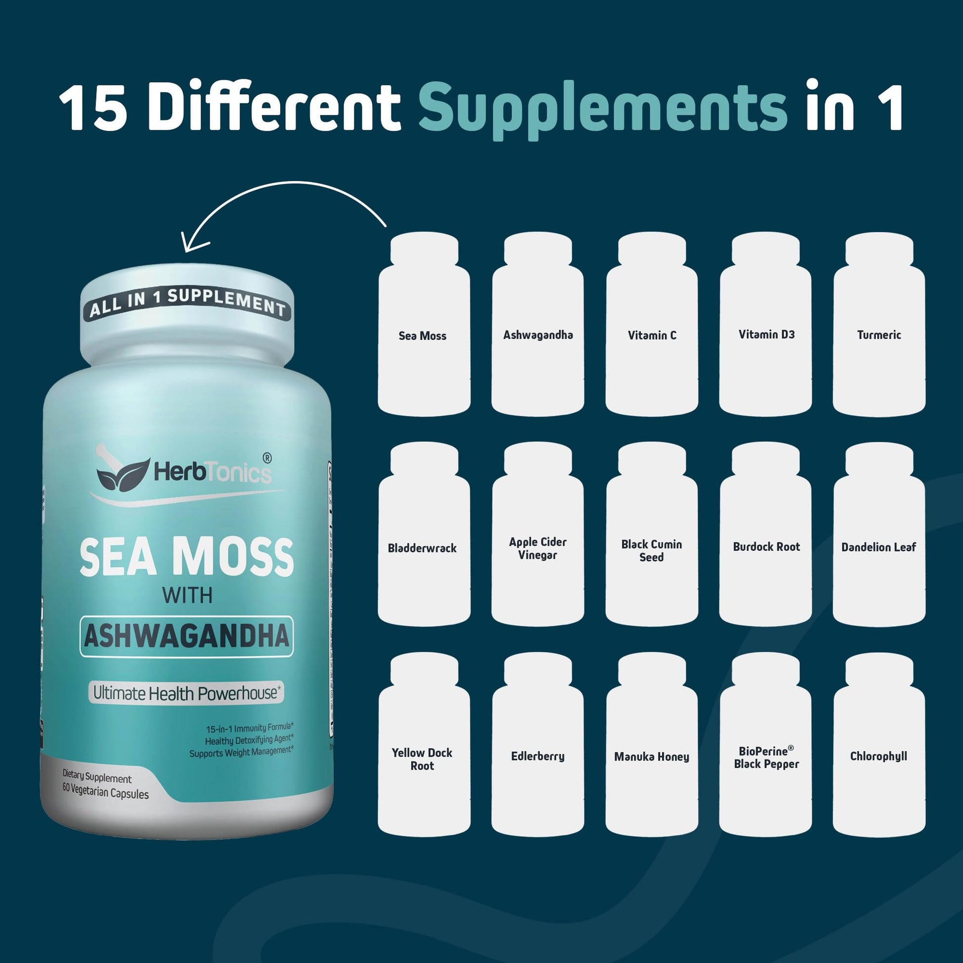 Herbtonics Sea Moss, Black Cumin Seed, Ashwagandha, Burdock Root & ACV Complex | Manage Immunity, Stress & Digestion Support | 60 Capsules (2 Capsules Per Serving) Herbtonics uk supplements