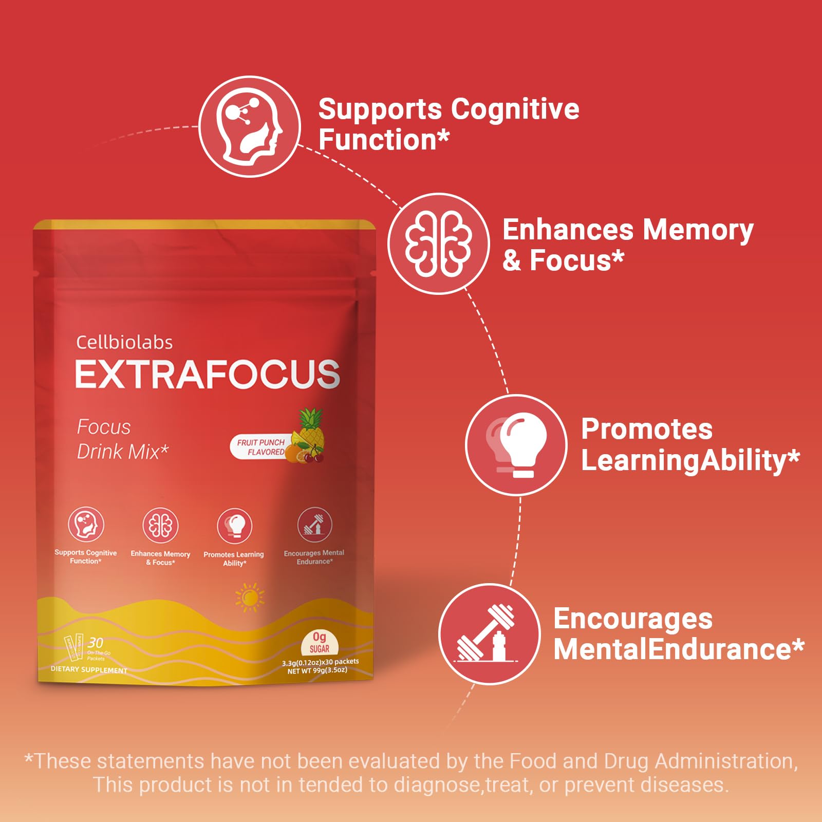 Nootropic Extra Focus Drink Mix, 30 Packs On-The-Go Sticks, Featuring Alpha-GPC, Lion's Mane & Rhodiola, Sugar-Free Packets Fruit Punch Clean Drink Mix Cellbiolabs uk supplements