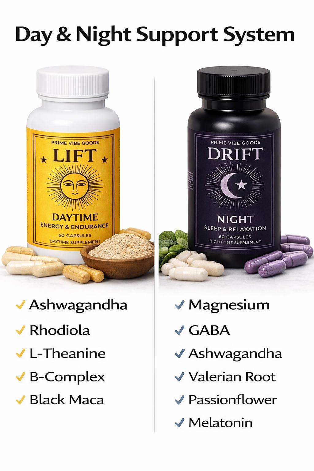 Prime Vibe Goods Lift & Drift – Energy & Stress Support Supplement – Adaptogens for Focus, Relaxation & Sleep – Ashwagandha, Magnesium, Rhodiola, GABA, Maca – Vegan (2-Pack, 120 Capsules) Prime Vibe Goods uk supplements