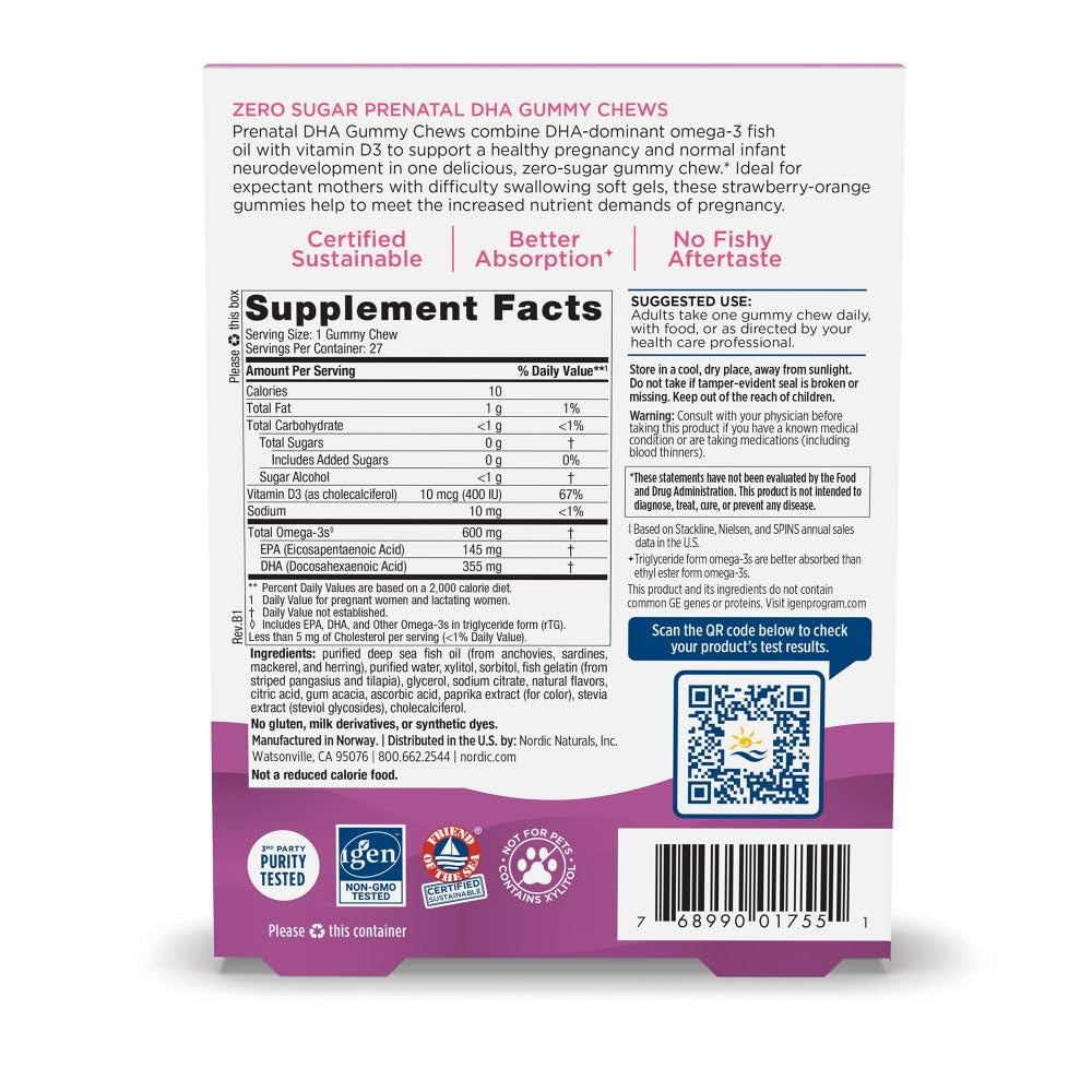 Nordic Naturals Zero Sugar DHA Prenatal Vitamin Gummies, Strawberry Orange Flavor - 27 Gummies - Supplements for Pregnancy - 600 mg Omega-3 Fish Oil and 400 IU Vitamin D3-27 Servings Nordic Naturals uk supplements