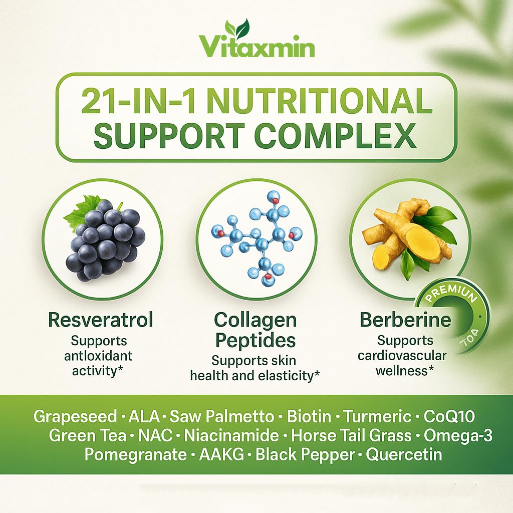 vitaxmin NAD Resveratrol Supplement 200mg with Berberine NAC Collagen - Nicotinamide Riboside NMN NADH CoQ10 Biotin Hyaluronic Acid - Hair Skin Nails Supplement - 60 Capsules vitaxmin uk supplements