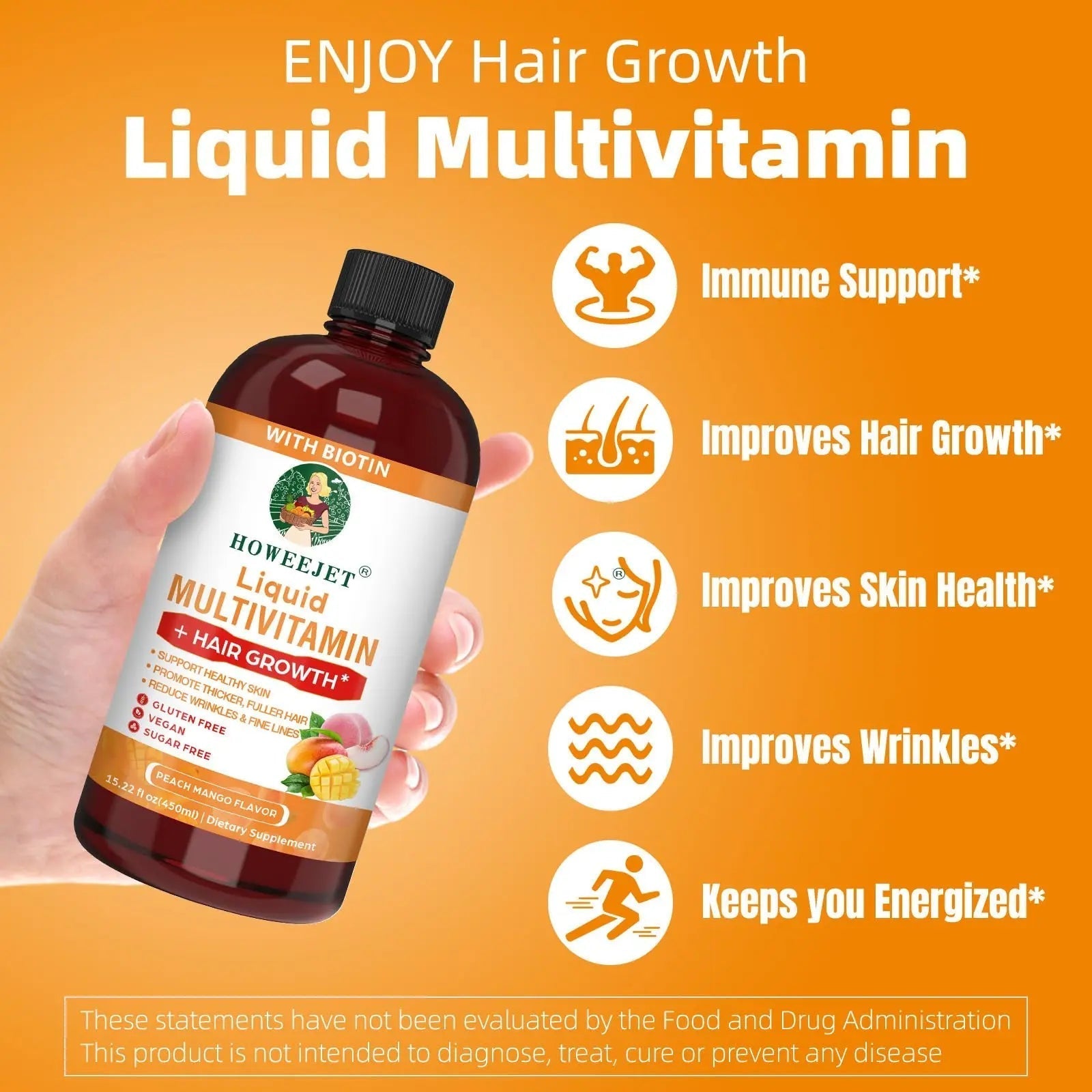 Liquid Multivitamin for Hair Growth | Biotin 10000mcg | Hair & Skin Support Supplement | Clinically Tested for Thicker Hair & Skin Elasticity HOWEEJET uk supplements
