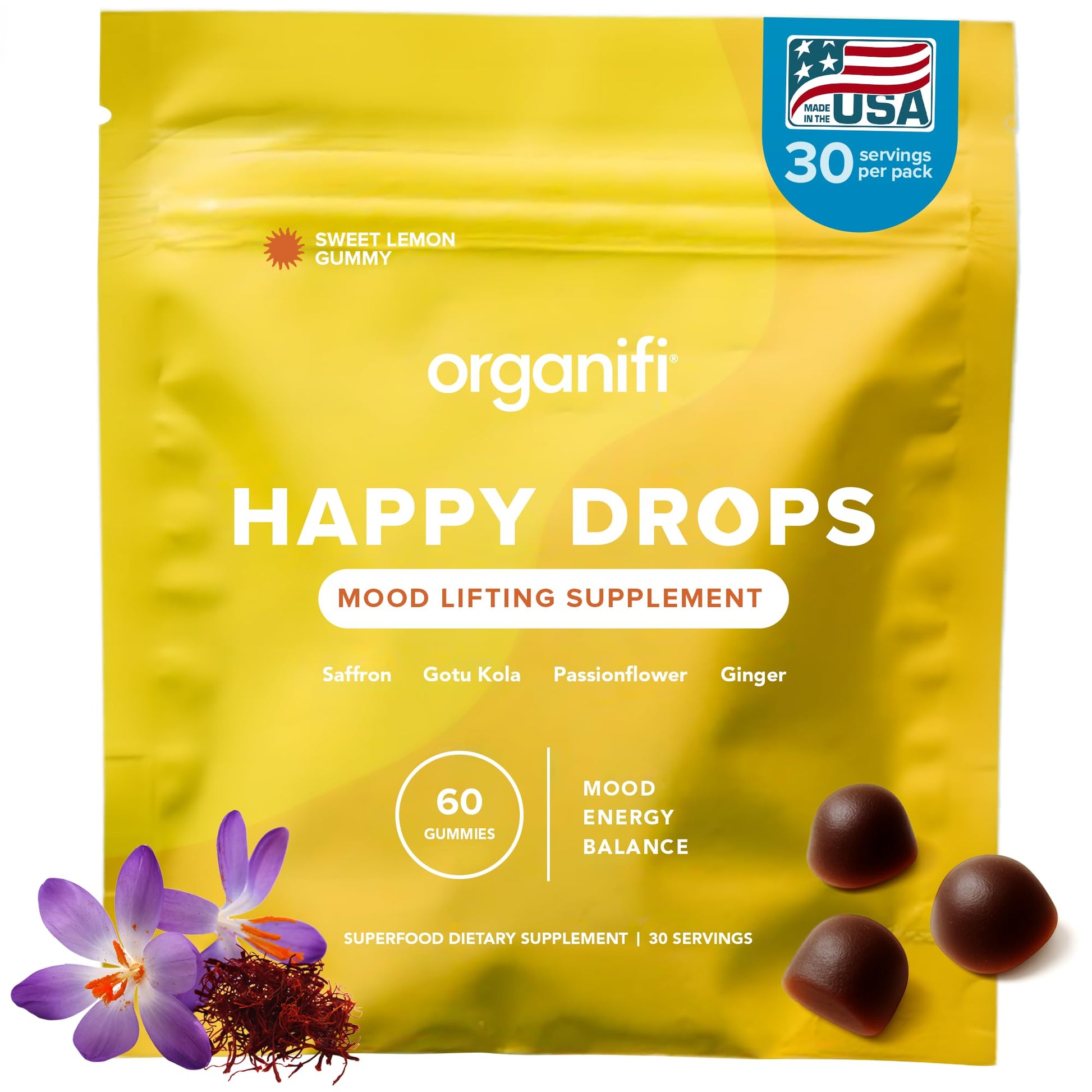 Organifi Happy Drops - Daily Superfood Happy Gummies for Adults - Mood Support Supplement for Balance, Bliss, Energy and Taking the Edge Off - Sweet Lemon Flavor - 60 Gummies Organifi uk supplements