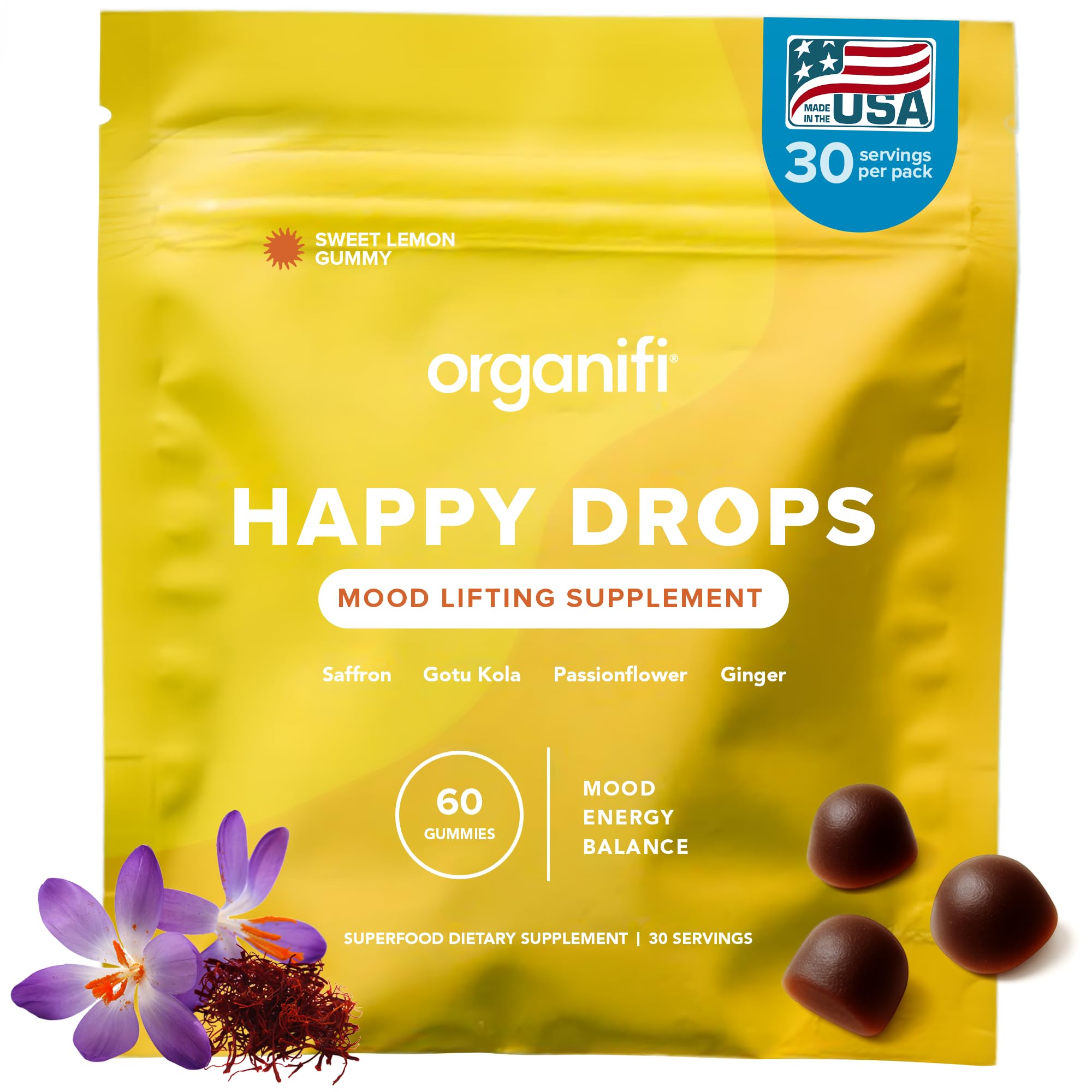 Organifi Happy Drops - Daily Superfood Happy Gummies for Adults - Mood Support Supplement for Balance, Bliss, Energy and Taking the Edge Off - Sweet Lemon Flavor - 60 Gummies Organifi uk supplements