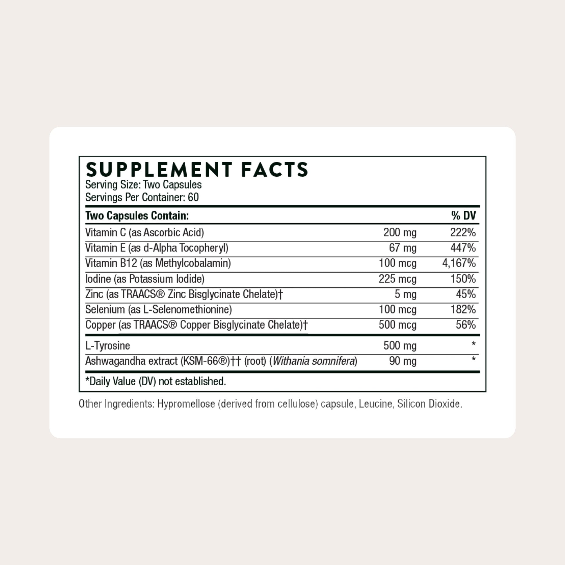 THORNE - Thyroid Health Complex (Formerly Thyrocsin) - Thyroid Cofactors for Thyroid Function Support* - Vitamins B12, C & E, Ashwagandha, Iodine, Zinc, Selenium, Copper & L-Tyrosine - 60 Servings THORNE uk supplements