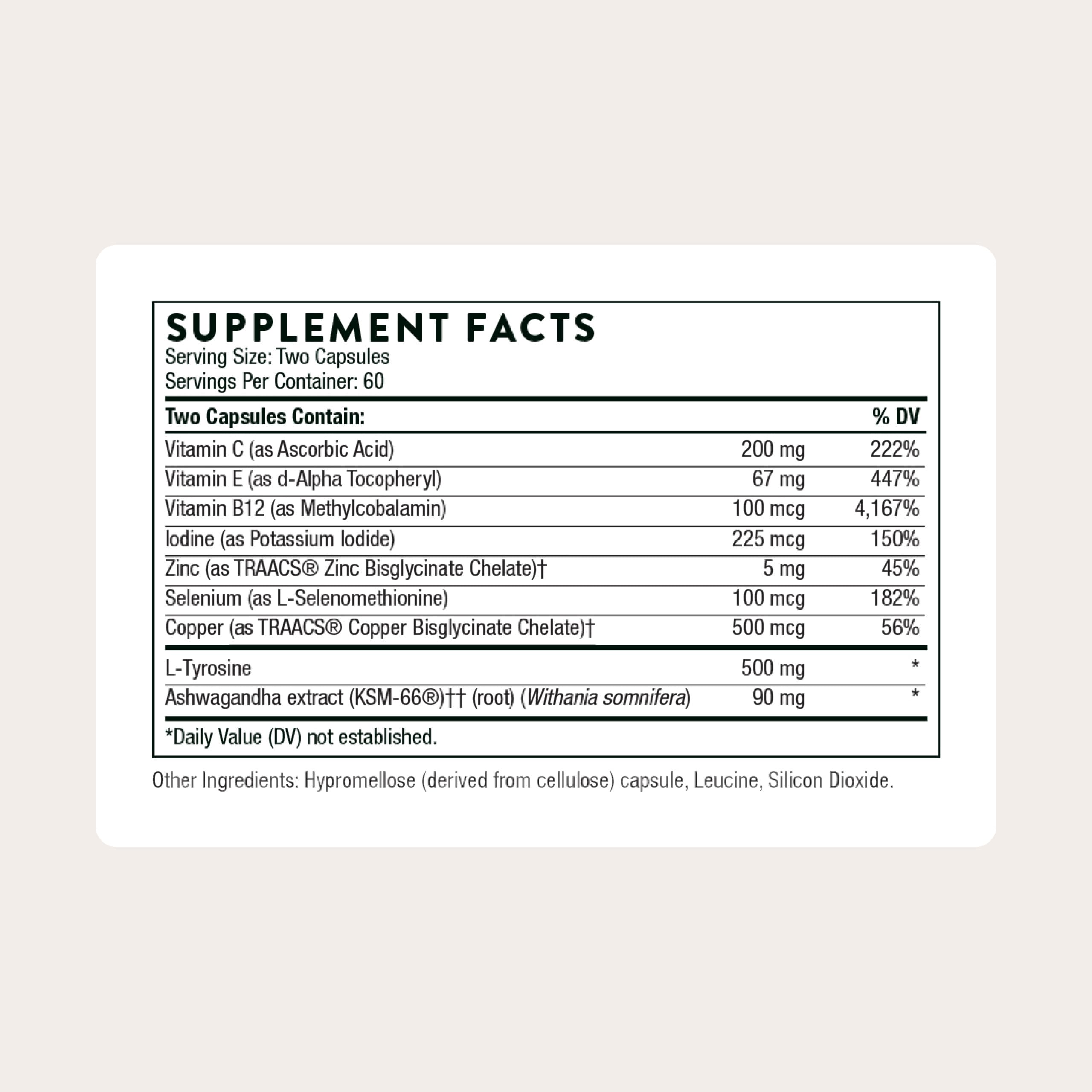 THORNE - Thyroid Health Complex (Formerly Thyrocsin) - Thyroid Cofactors for Thyroid Function Support* - Vitamins B12, C & E, Ashwagandha, Iodine, Zinc, Selenium, Copper & L-Tyrosine - 60 Servings THORNE uk supplements