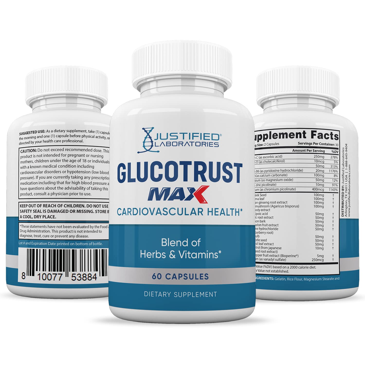 Justified Laboratories (5 Pack) Glucotrust Max 1295MG Formula Supplement Pills 300 cap Justified Laboratories uk supplements