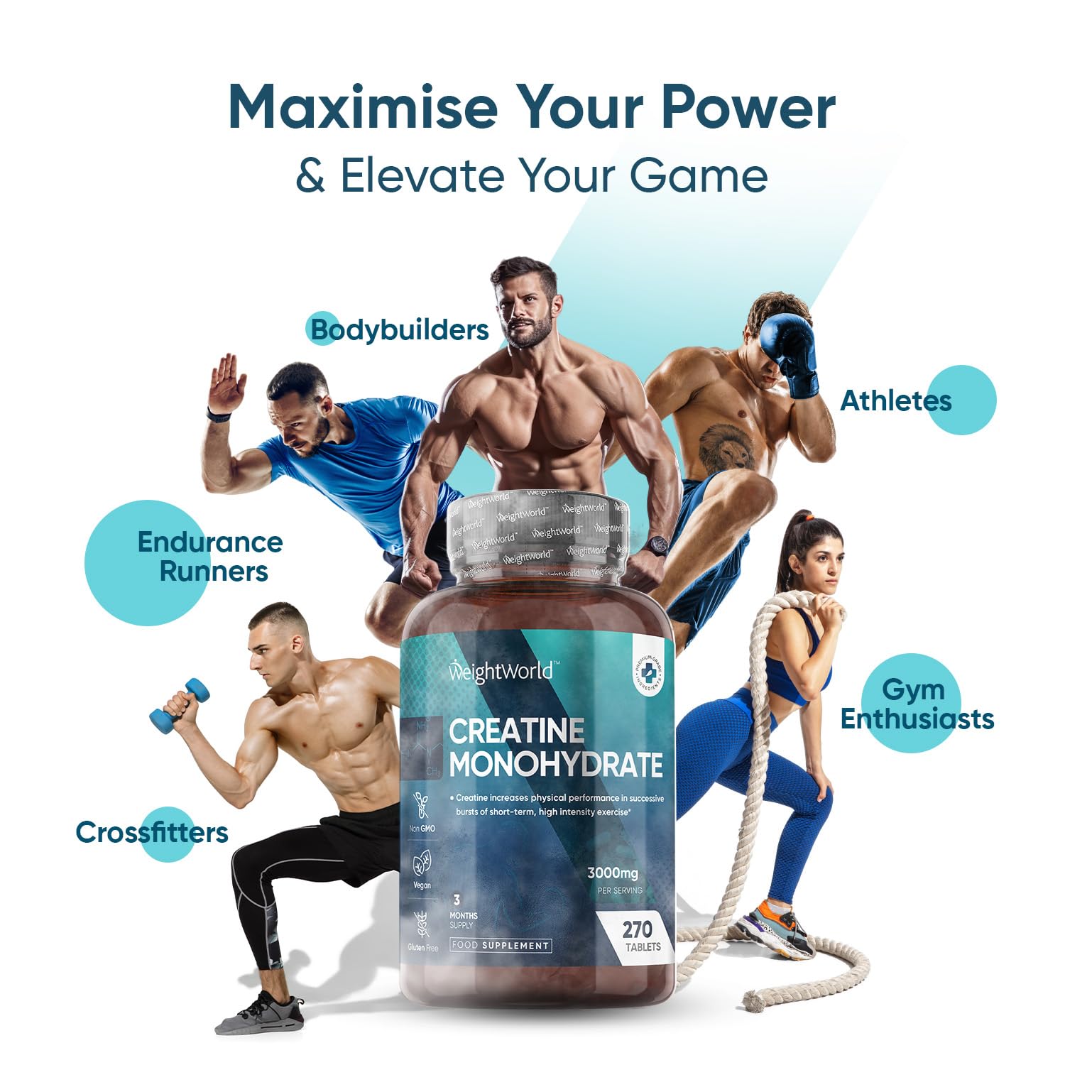 Creatine Monohydrate 3000mg - 270 Tablets - Gym Energy Supplement for Men & Women WeightWorld uk supplements