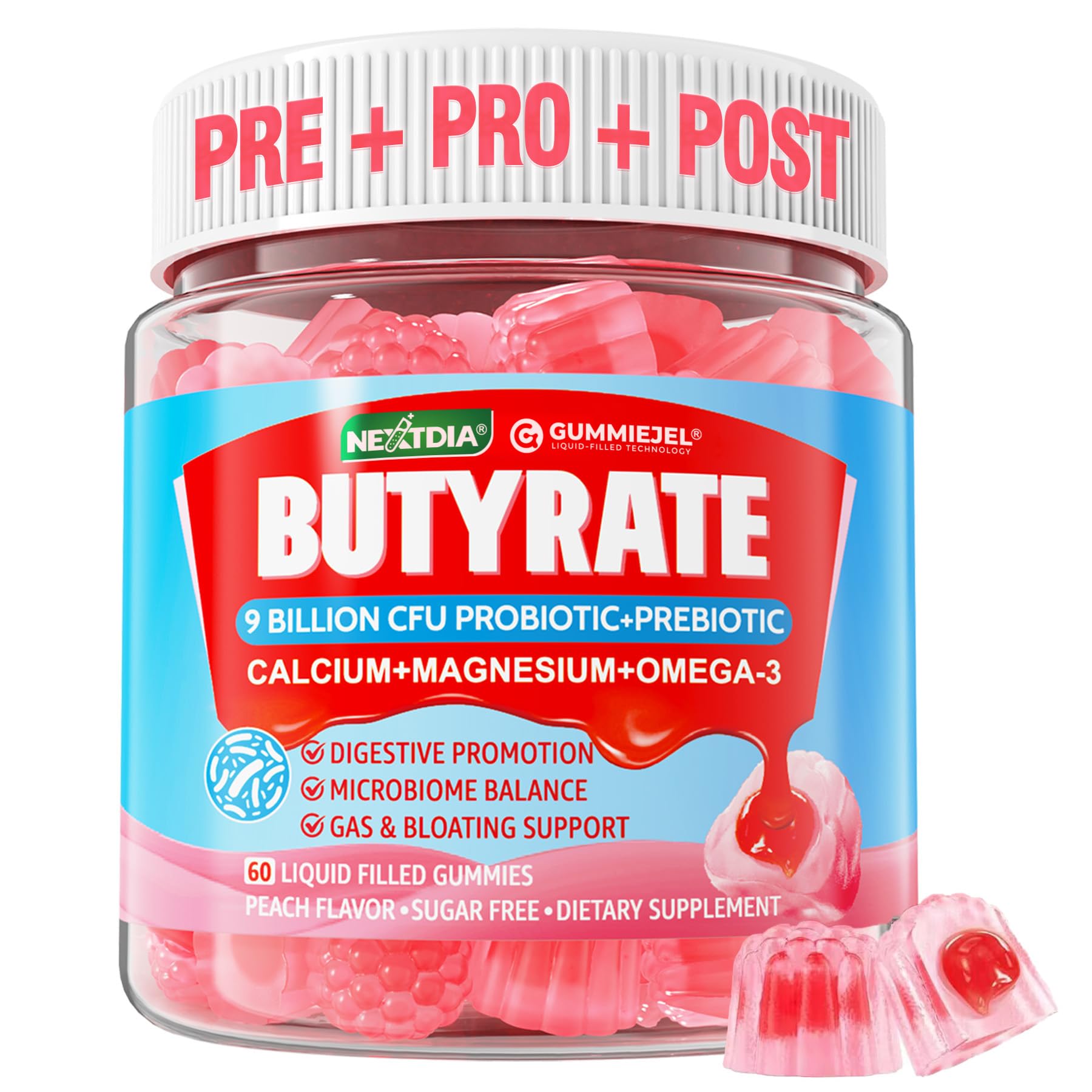 Butyrate Gummies with Probiotic + Prebiotic + Postbiotic, Omega-3 500mg,Fiber with 9 Billion CFU Probiotics, Calcium & Magnesium, Inulin,Psyllium Husk for Digestive Health,Bloating Support,Sugar Free Nextdia uk supplements