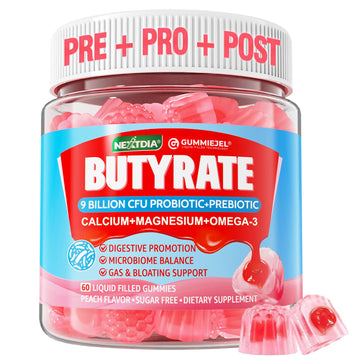 Butyrate Gummies with Probiotic + Prebiotic + Postbiotic, Omega-3 500mg,Fiber with 9 Billion CFU Probiotics, Calcium & Magnesium, Inulin,Psyllium Husk for Digestive Health,Bloating Support,Sugar Free Nextdia uk supplements